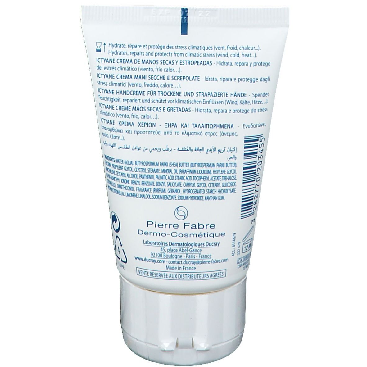 Dos du tube blanc. Texte multilingue. Fabricant: Pierre Fabre. Informations sur les ingrédients et l'utilisation.