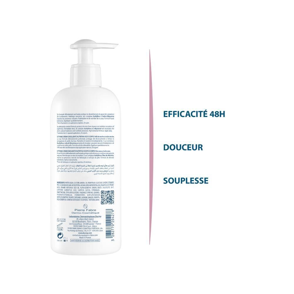 Rückseite der weißen Flasche. Text: Effizienz 48H, Geschmeidigkeit, Weichheit. Marke: Pierre Fabre.