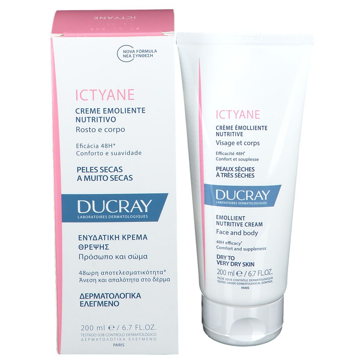 Produkt und Verpackung. Weiße Tube und rosa Schachtel. Text in Französisch. Für Gesicht und Körper. 200 ml.