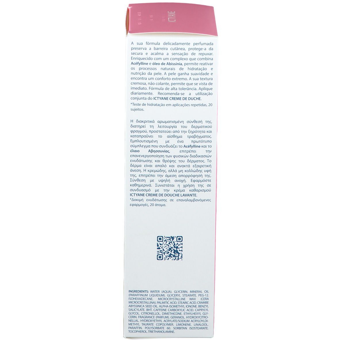 Verpackung. Rosa Schachtel mit Produktnamen und Logo. Text in Französisch. Für Gesicht und Körper. 200 ml.