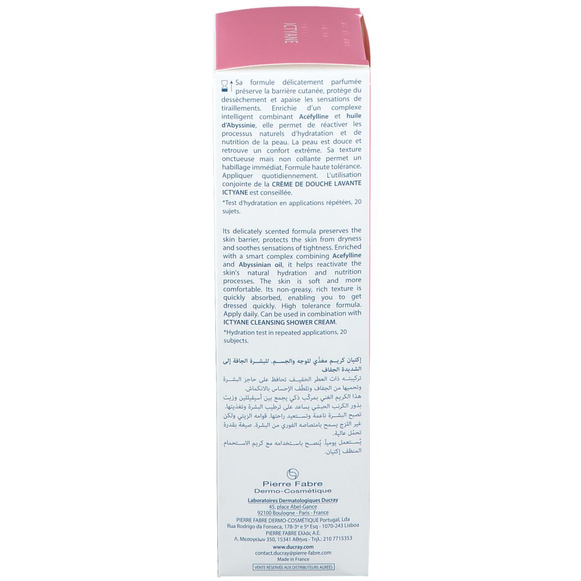 Verpackung. Rosa Schachtel mit Produktnamen und Logo. Text in Französisch. Für Gesicht und Körper. 200 ml.