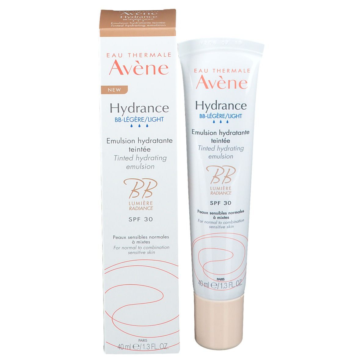 Emballage et tube du produit. Boîte: Eau Thermale Avène, Hydrance BB Légère/Light, Emulsion hydratante teintée, BB Lumière Radiance, SPF 30.