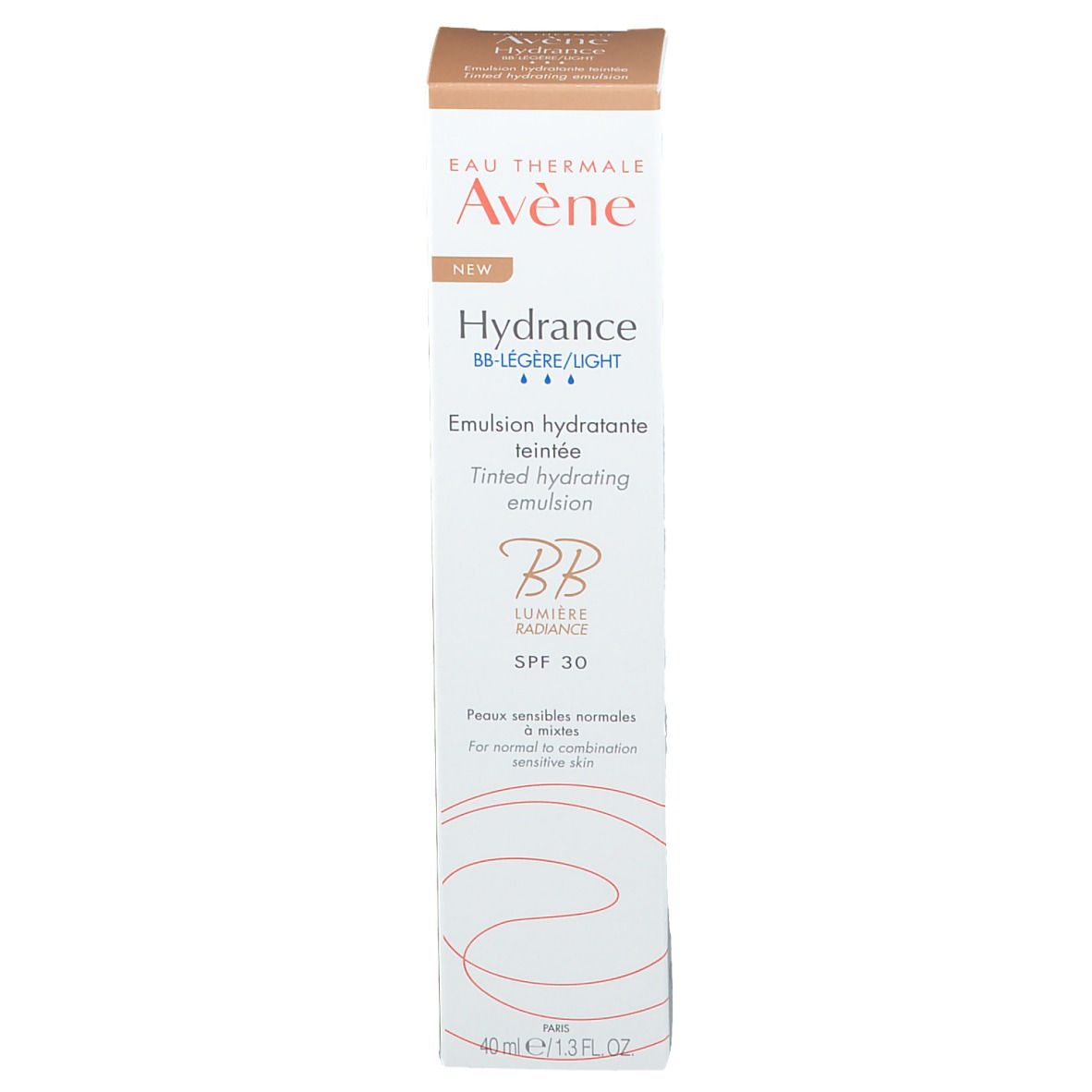 Emballage du produit. Boîte: Eau Thermale Avène, Hydrance BB Légère/Light, Emulsion hydratante teintée, BB Lumière Radiance, SPF 30. Nouveau.