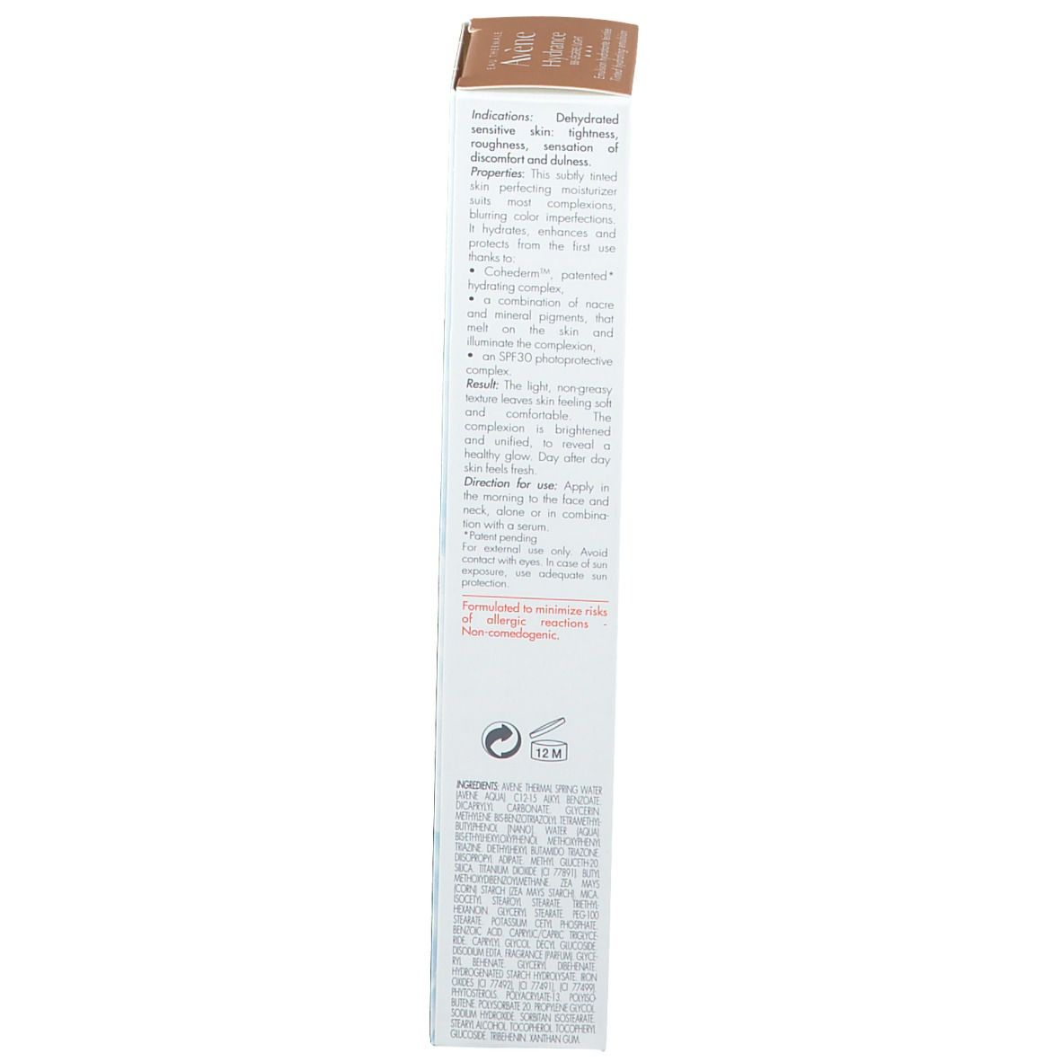 Emballage du produit. Boîte: Eau Thermale Avène, Hydrance BB Légère/Light, Emulsion hydratante teintée, BB Lumière Radiance, SPF 30. Texte et logos.