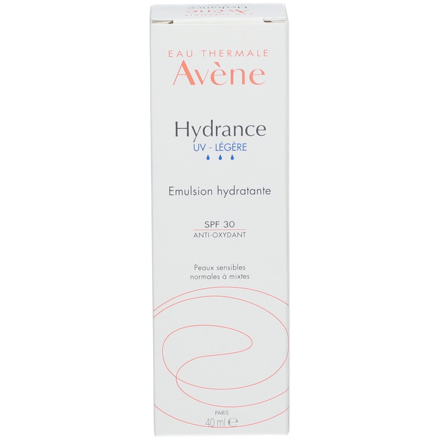 Kartonverpackung für Avene Hydrance Emulsion. Text: SPF 30, Anti-Oxidant. Für normale bis Mischhaut.