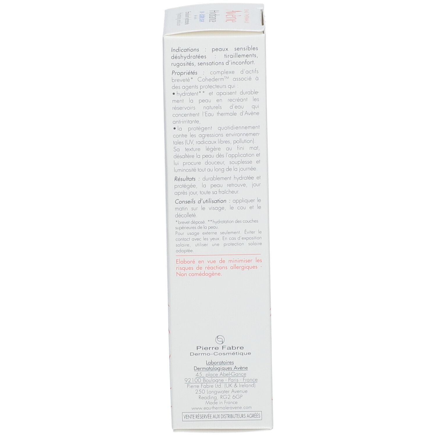 Seite der Kartonverpackung für Avene Hydrance Emulsion. Text in mehreren Sprachen. Informationen.