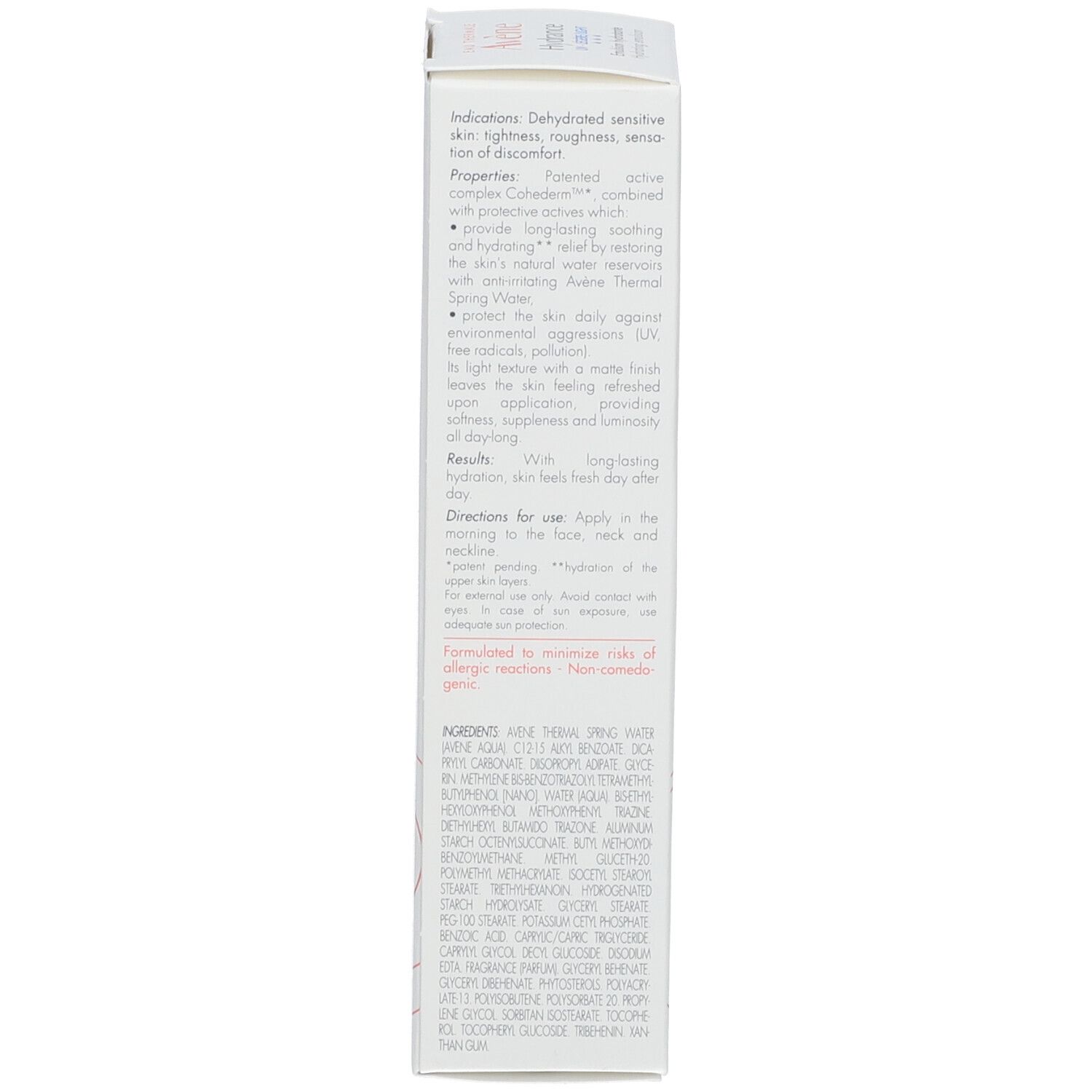 Seite der Kartonverpackung für Avene Hydrance Emulsion. Text in mehreren Sprachen. Informationen.