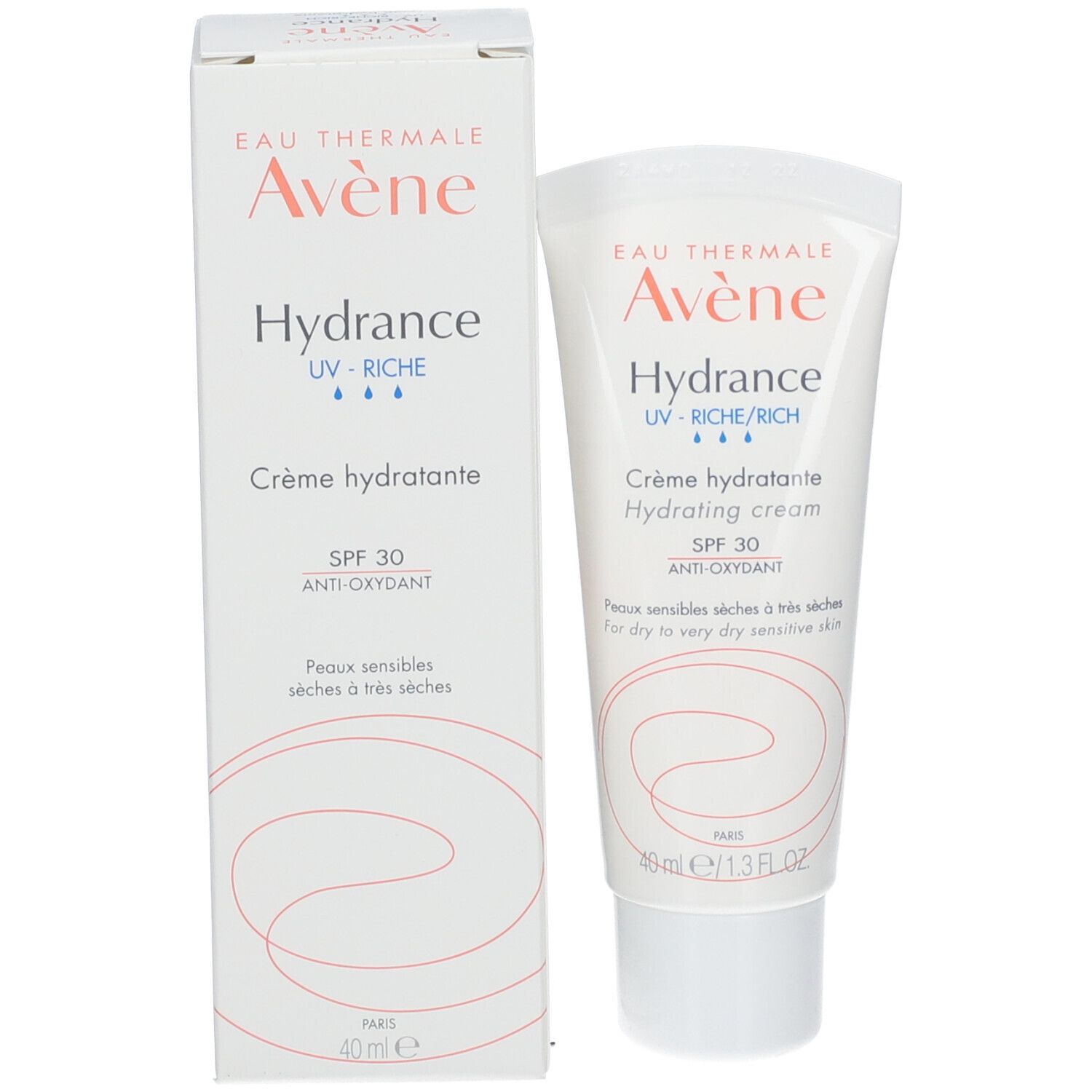 Tube et boîte Avene Hydrance. Blanc avec texte et logo orange. SPF 30. 40ml.