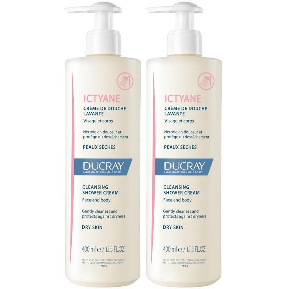 Zwei Flaschen DUCRAY Ictyane Reinigungsduschcreme. Mit Dosierpumpe. Text: Crème de douche lavante, Peaux sèches, DUCRAY, 400 ml.