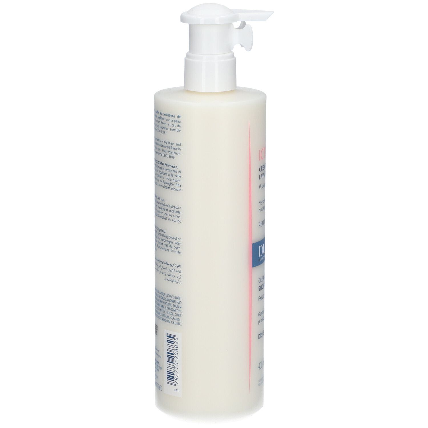 Seite der Flasche DUCRAY Ictyane Reinigungsduschcreme. Text: Crème de douche lavante, DUCRAY.