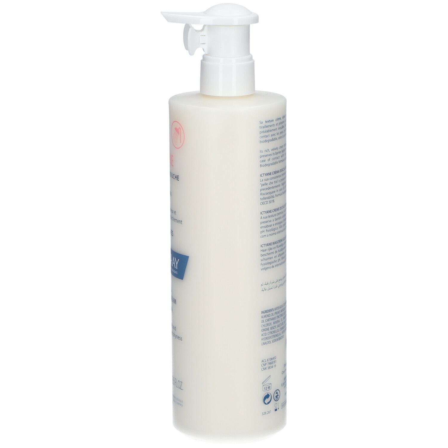 Seite der Flasche DUCRAY Ictyane Reinigungsduschcreme. Text in mehreren Sprachen.