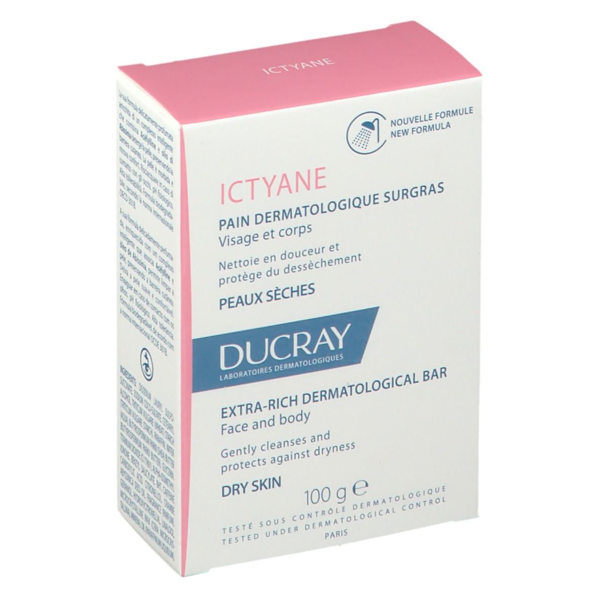 DUCRAY Ictyane Seife Verpackung. Rosa-weiße Schachtel mit Produktnamen, Beschreibung und 100g.