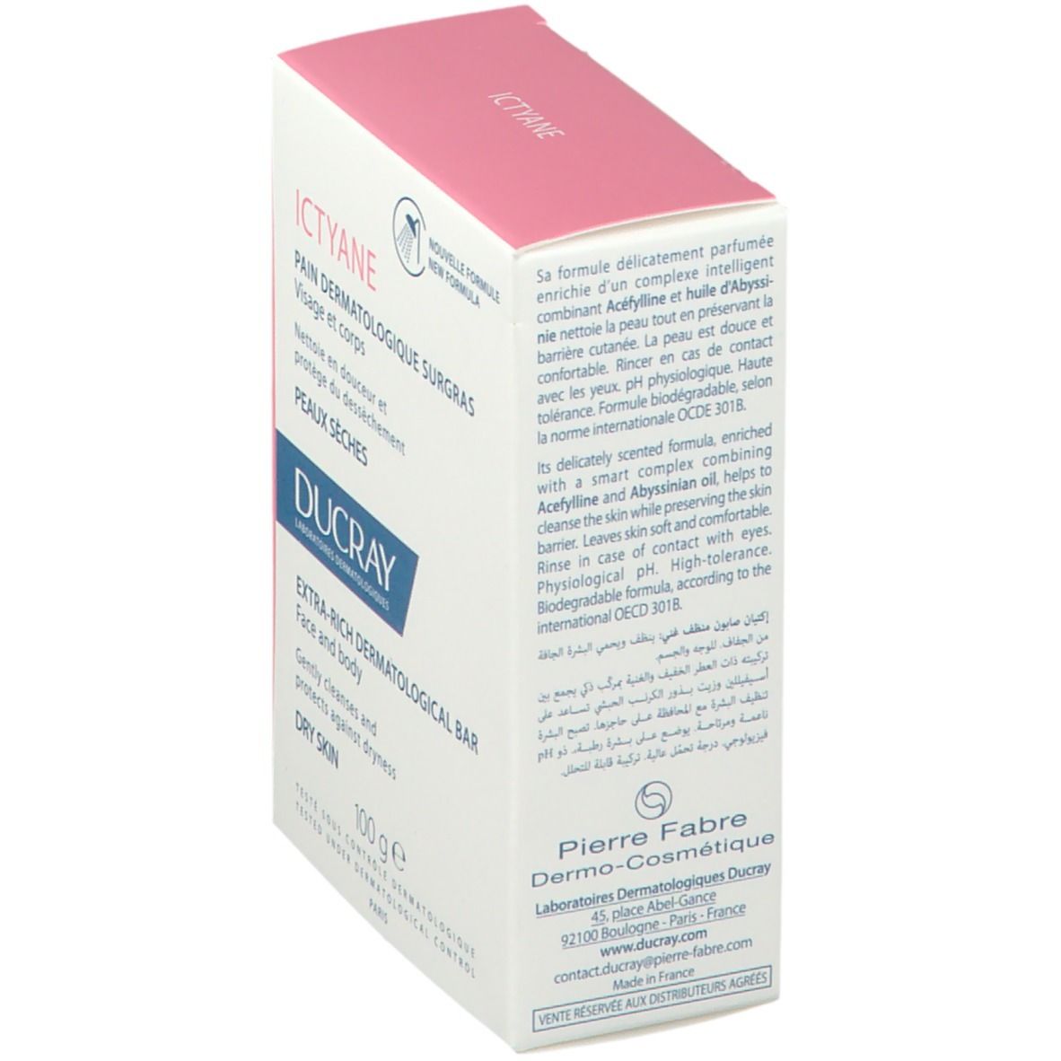 DUCRAY Ictyane Seife Verpackung. Rosa-weiße Schachtel mit Produktnamen, Beschreibung und 100g.