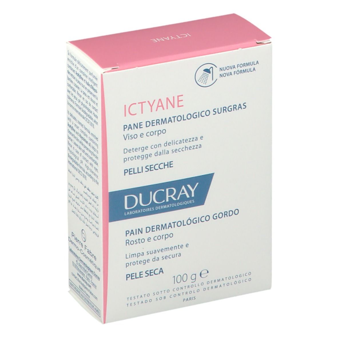 DUCRAY Ictyane Seife Verpackung. Rosa-weiße Schachtel mit Produktnamen, Beschreibung und 100g.