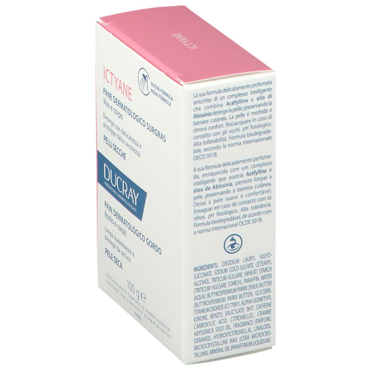 DUCRAY Ictyane Seife Verpackung. Rosa-weiße Schachtel mit Produktnamen, Beschreibung und 100g.