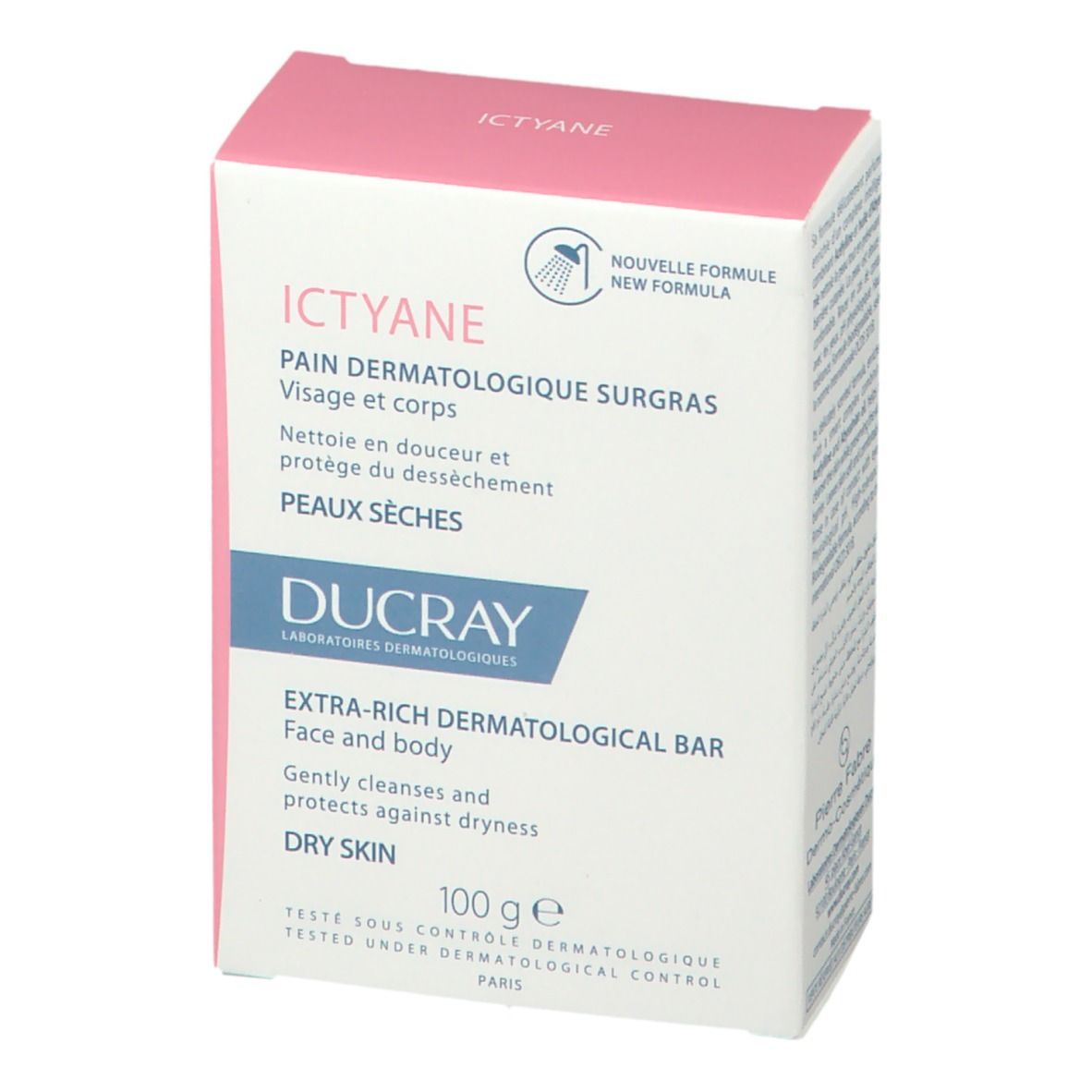 DUCRAY Ictyane Seife Verpackung. Rosa-weiße Schachtel mit Produktnamen, Beschreibung und 100g.