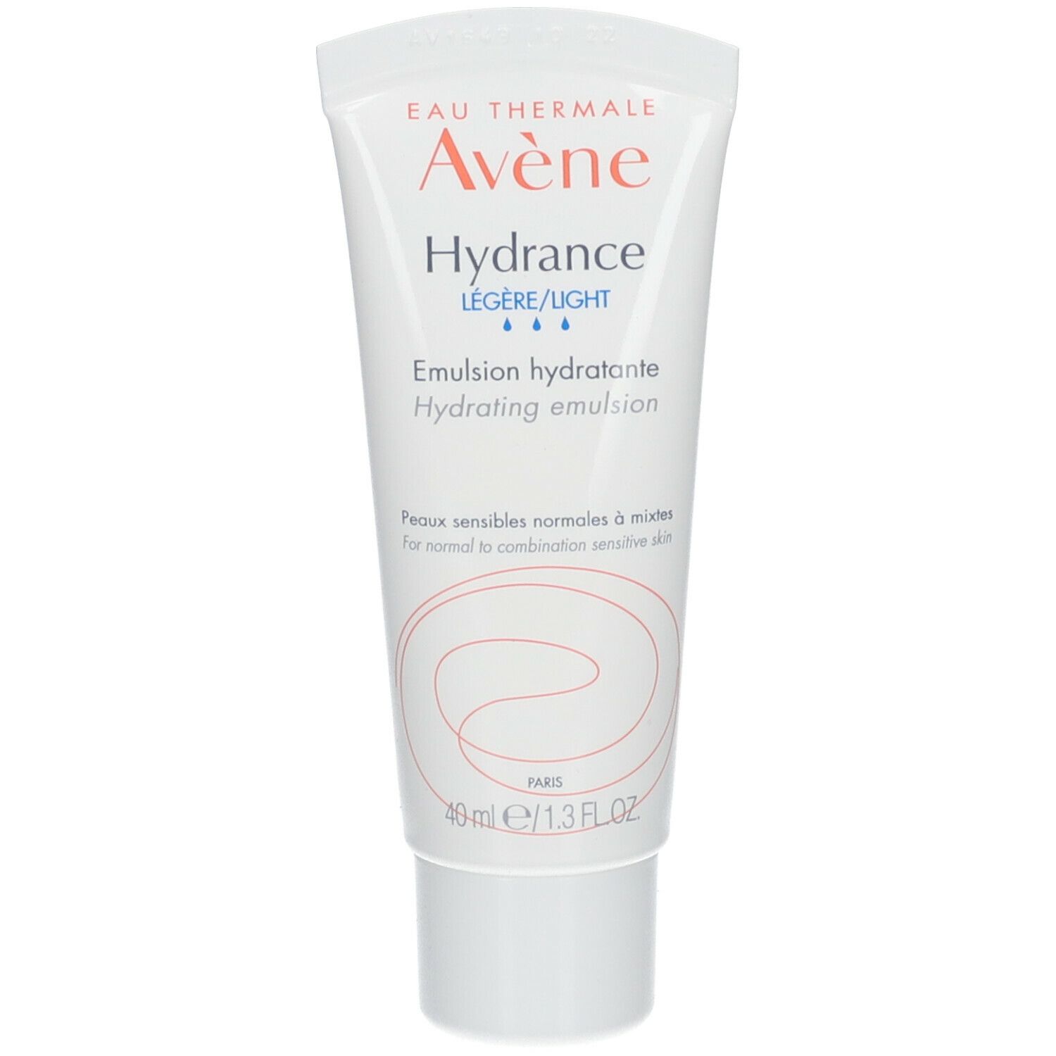 Weiße Tube mit Avene Hydrance, leichte Feuchtigkeitsemulsion. Text und Logo in Orange und Blau. Auf weißem Hintergrund.