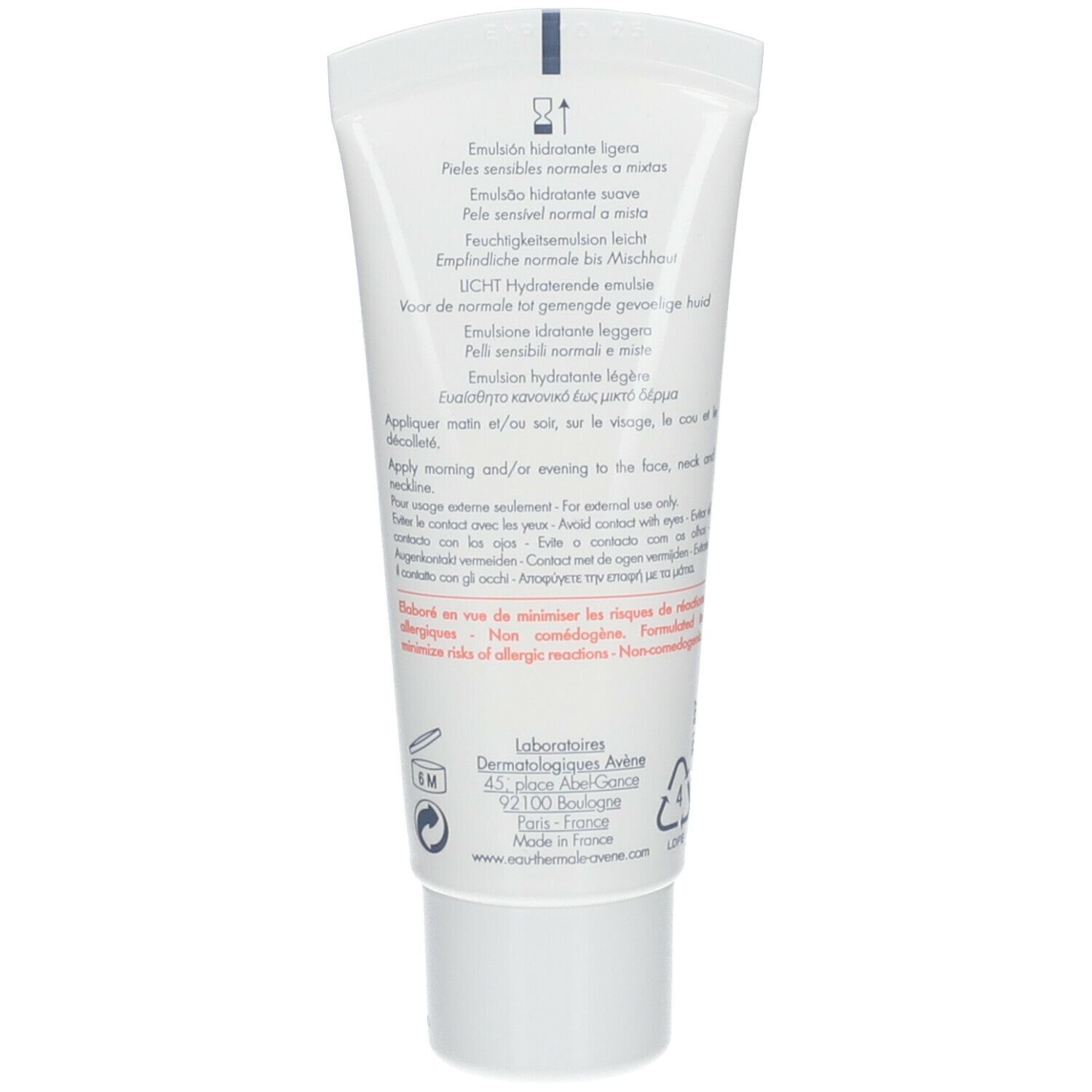 Rückseite der weißen Tube mit Text. Produktname, Anwendungshinweise und Inhaltsstoffe. Auf weißem Hintergrund.