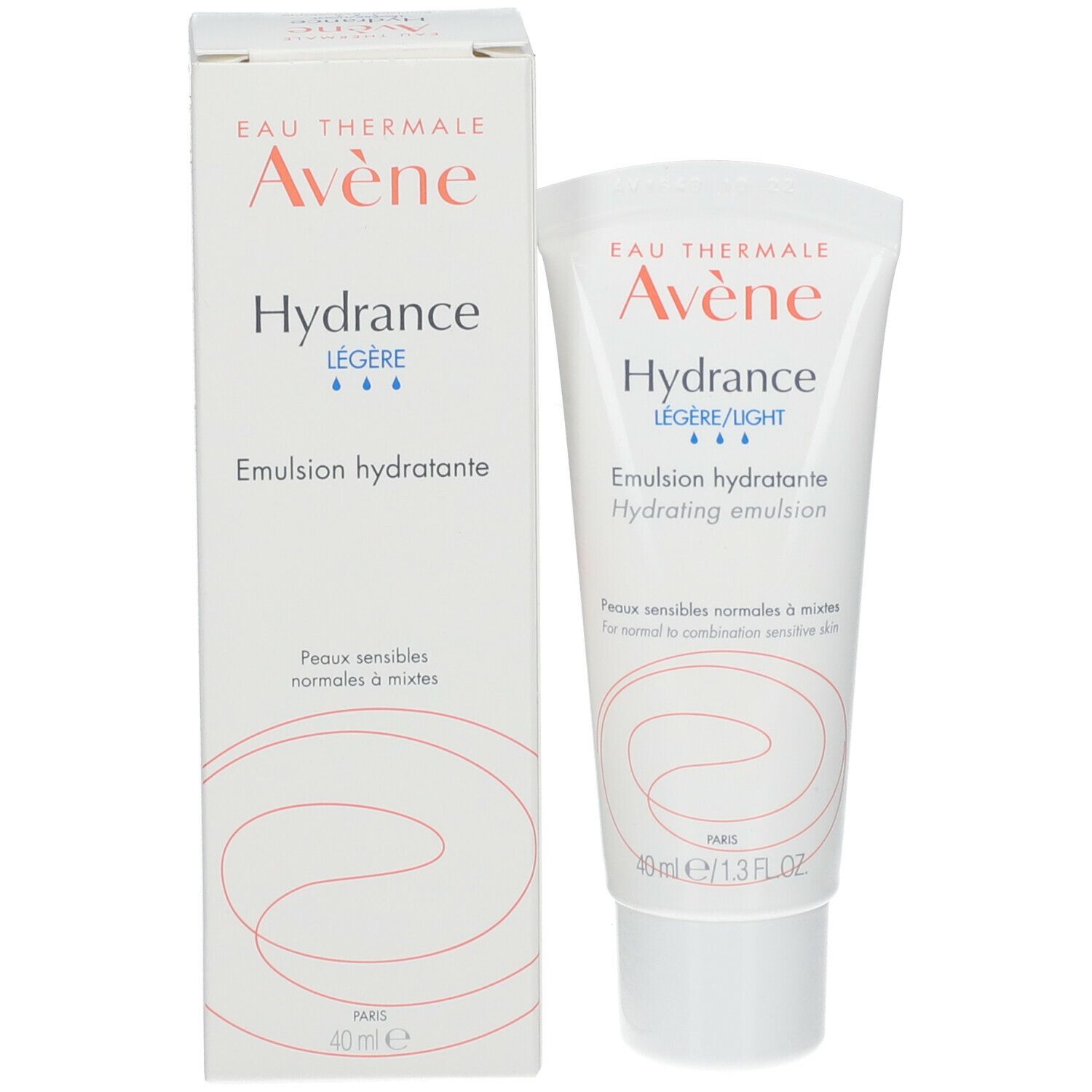 Produktverpackung: Tube und Schachtel. Avene Hydrance, leichte Feuchtigkeitsemulsion. Text und Logo in Orange und Blau.