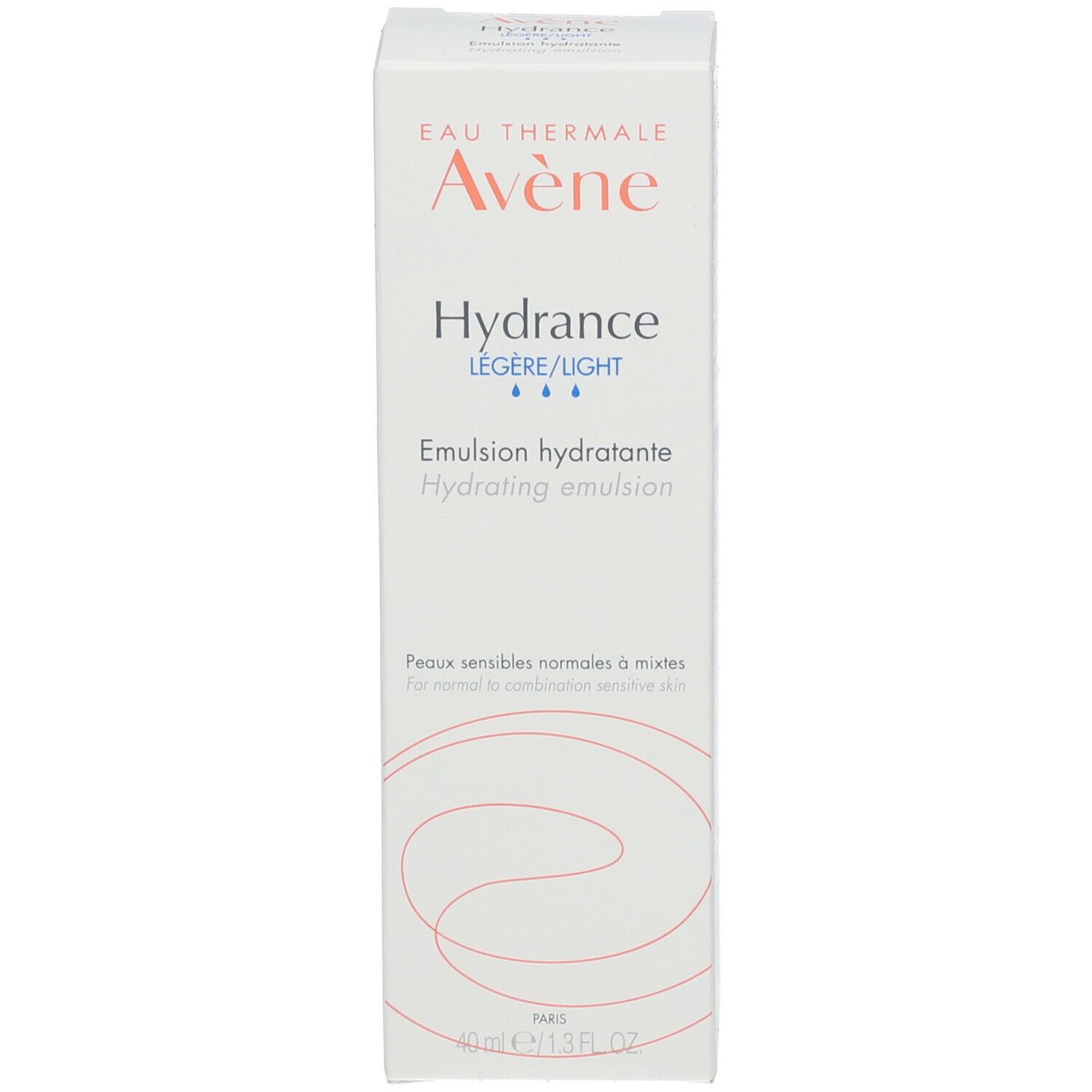 Weiße Schachtel mit Avene Hydrance, leichte Feuchtigkeitsemulsion. Text und Logo in Orange und Blau. Auf weißem Hintergrund.