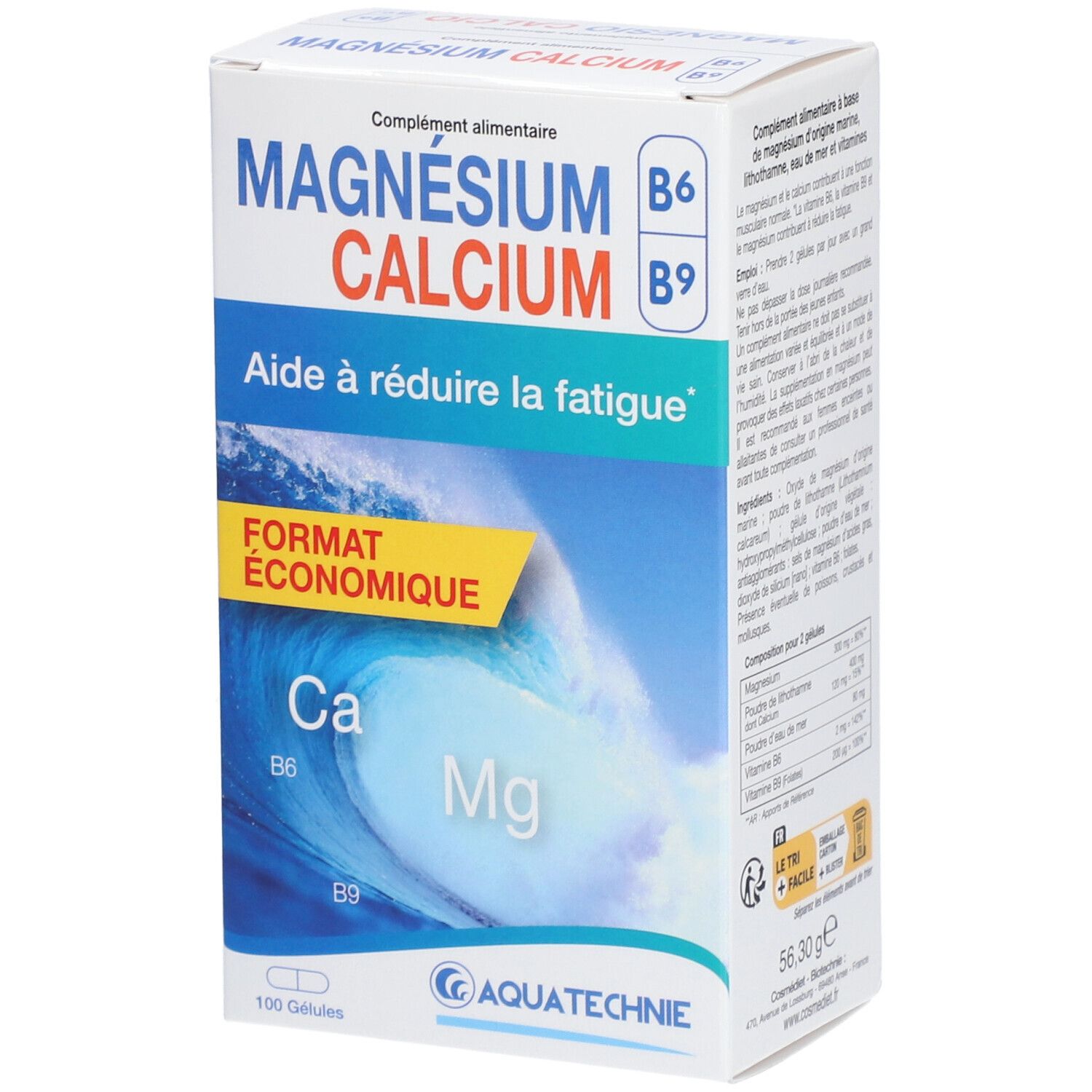 Boîte de complément alimentaire MAGNÉSIUM CALCIUM B6 B9. Contient 100 gélules. Marque AQUATECHNIE. Format économique.