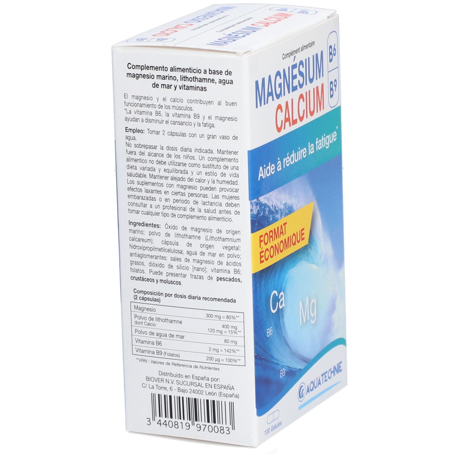 Boîte de complément alimentaire MAGNÉSIUM CALCIUM B6 B9. Informations sur les ingrédients et le dosage. Marque AQUATECHNIE.