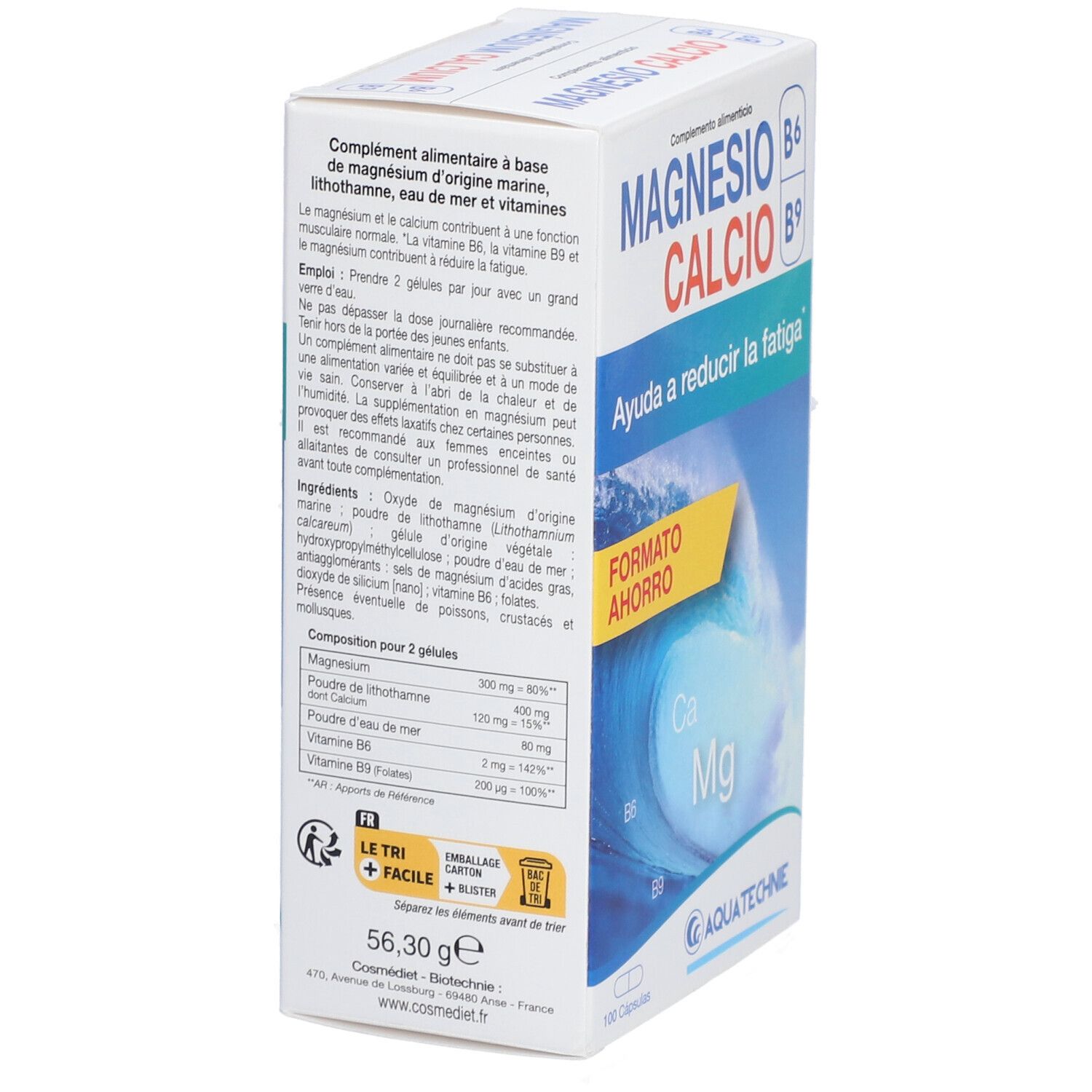Boîte de complément alimentaire MAGNÉSIO CALCIO B6 B9. Informations sur les ingrédients et le dosage. Marque Cosmediet.