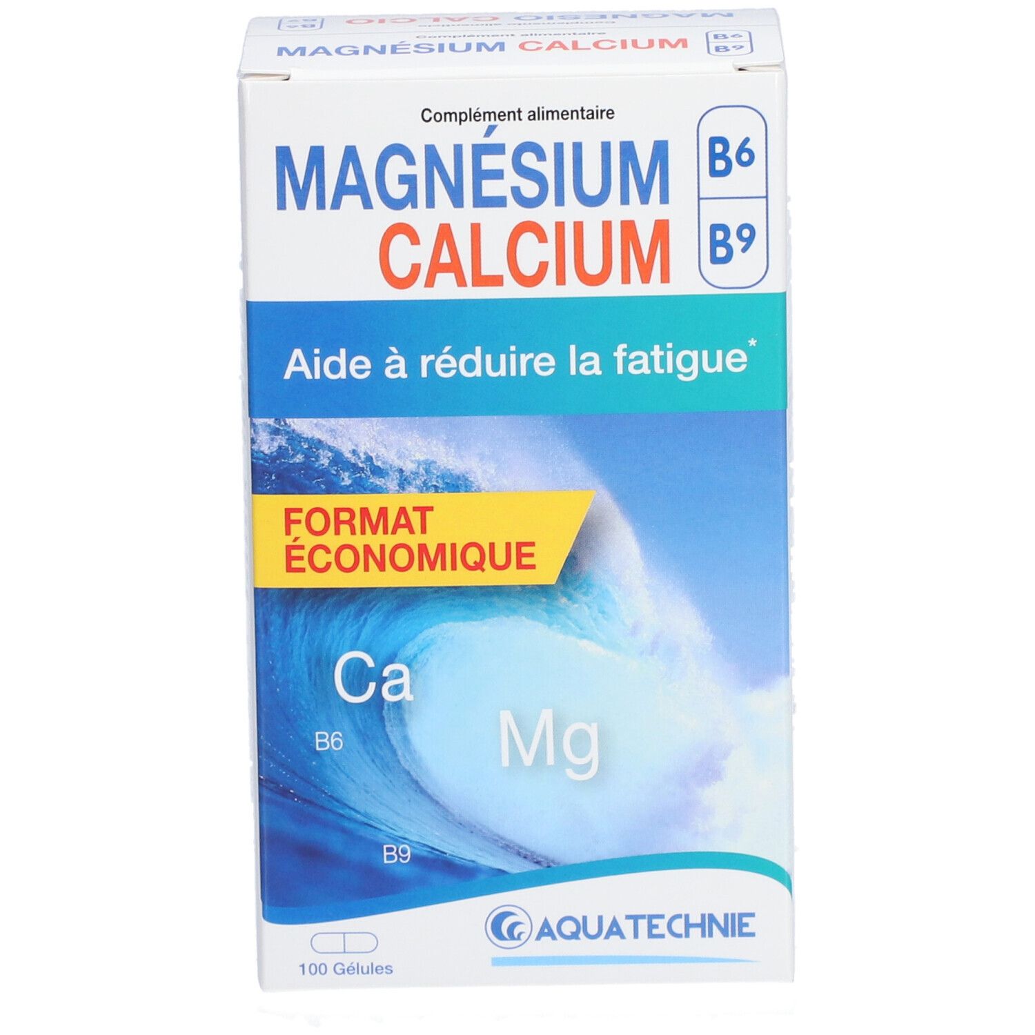 Boîte de complément alimentaire MAGNÉSIUM CALCIUM B6 B9. Contient 100 gélules. Marque AQUATECHNIE. Format économique.