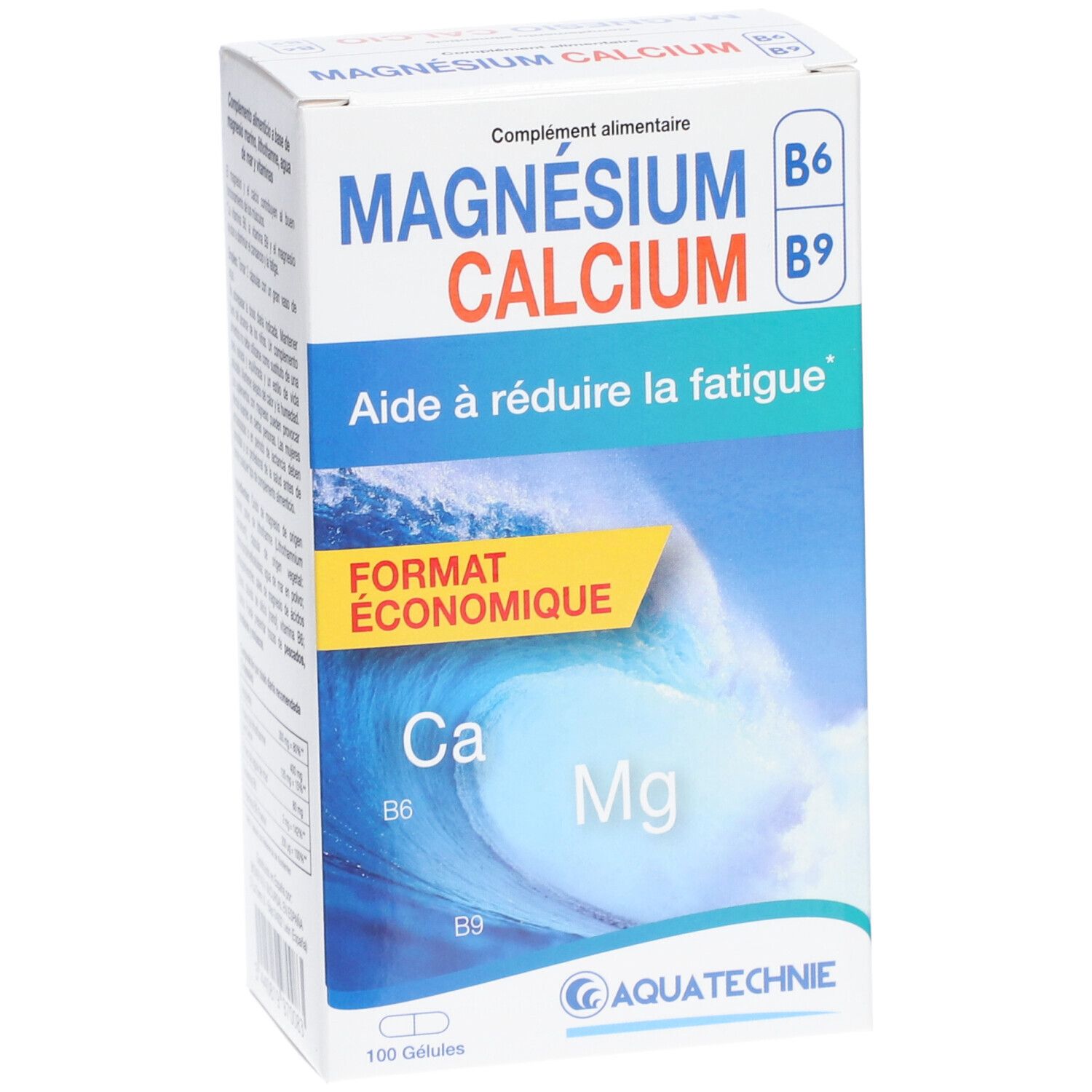 Boîte de complément alimentaire MAGNÉSIUM CALCIUM B6 B9. Contient 100 gélules. Marque AQUATECHNIE. Format économique.