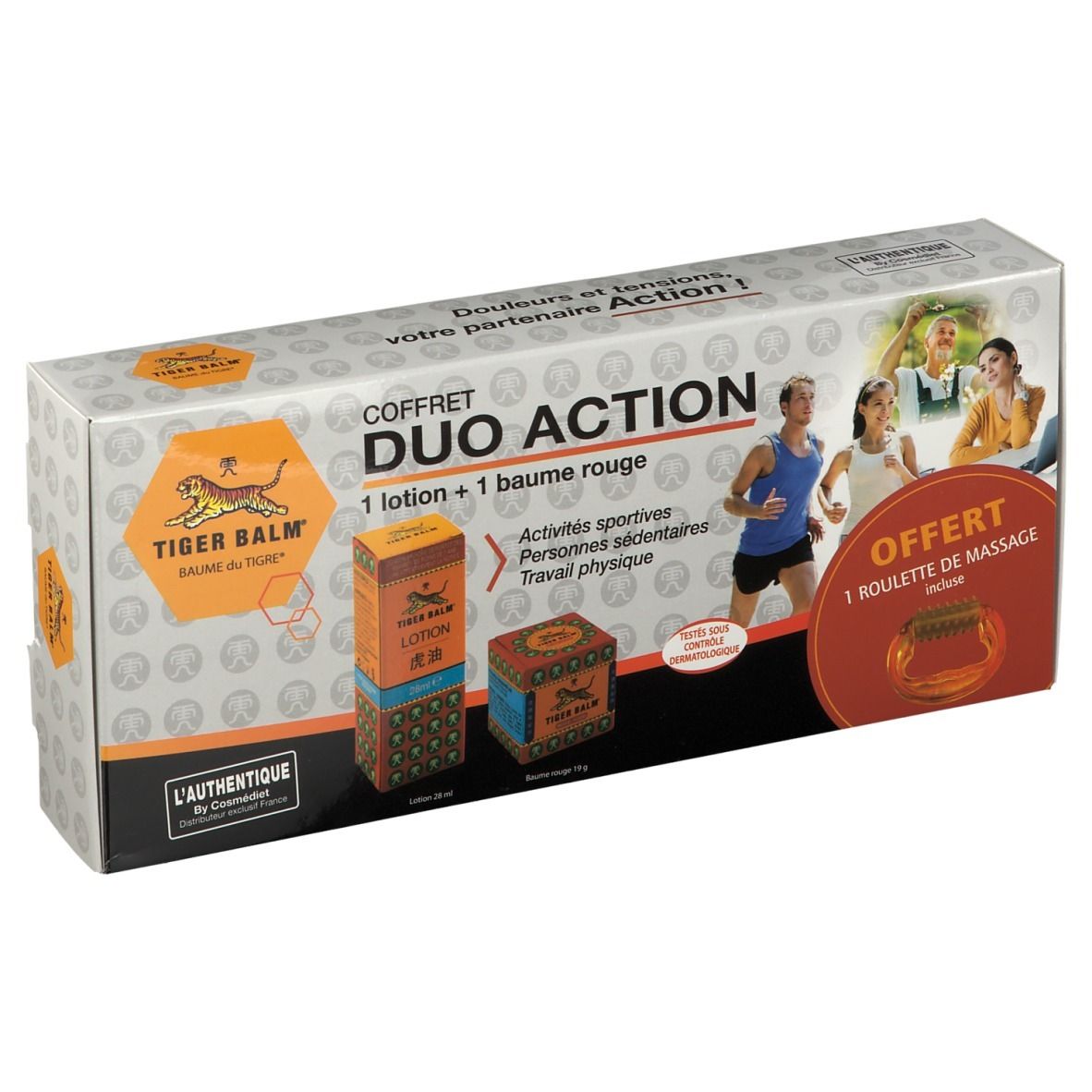 Tiger Balm Duo Action Set: Lotion und roher Balsam in Geschenkverpackung mit Sportlern.
