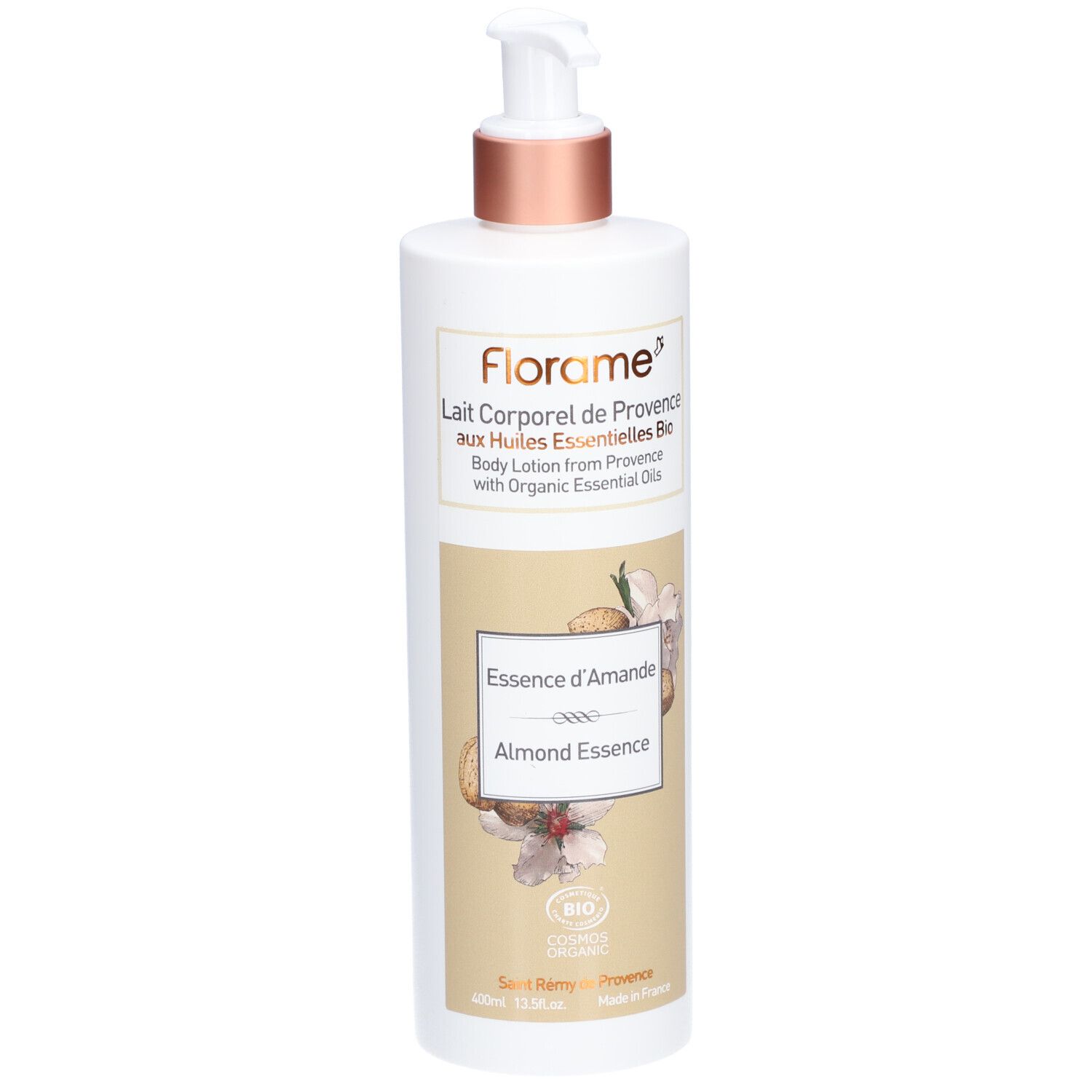 Weiße Flasche mit Pumpe. Aufschrift: Florame, Lait Corporel, Essence d'Amande, Bio. Abbildung von Mandeln.