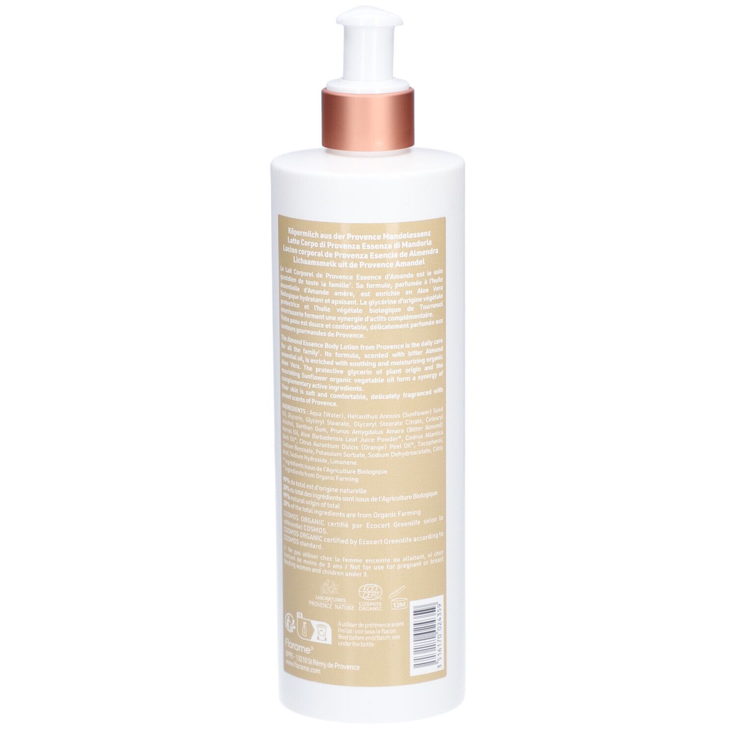 Weiße Flasche mit Pumpe. Rückseite mit Text. Aufschrift: Florame, Lait Corporel, Bio. Zertifizierungen.