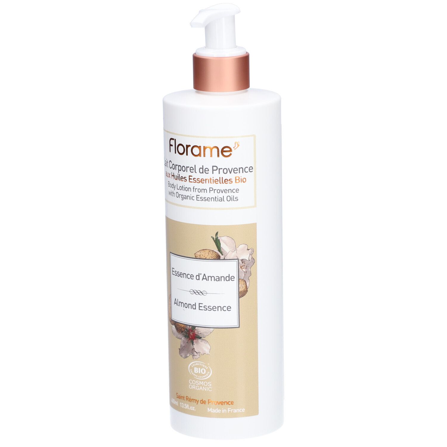 Weiße Flasche mit Pumpe. Aufschrift: Florame, Lait Corporel, Essence d'Amande, Bio. Abbildung von Mandeln.