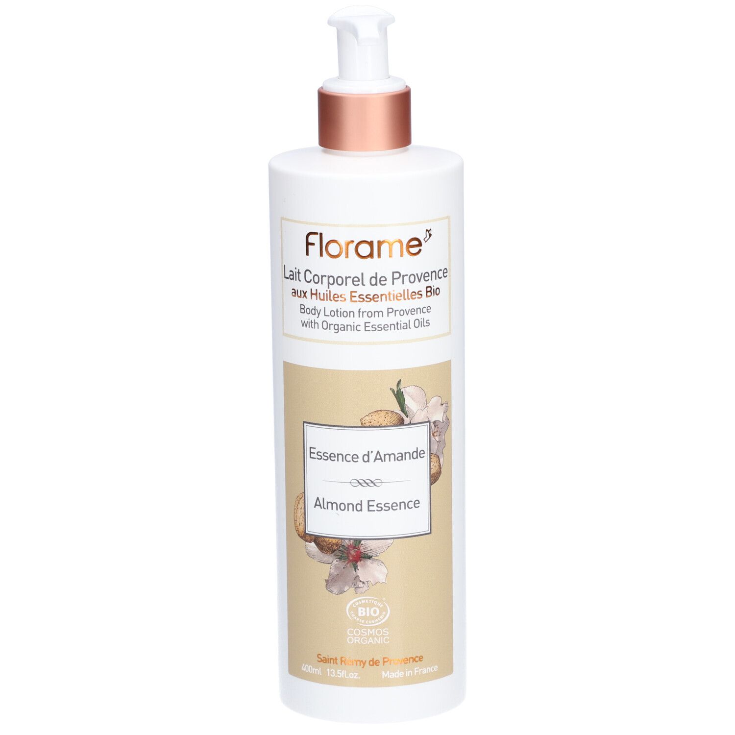 Weiße Flasche mit Pumpe. Aufschrift: Florame, Lait Corporel, Essence d'Amande, Bio. Abbildung von Mandeln.