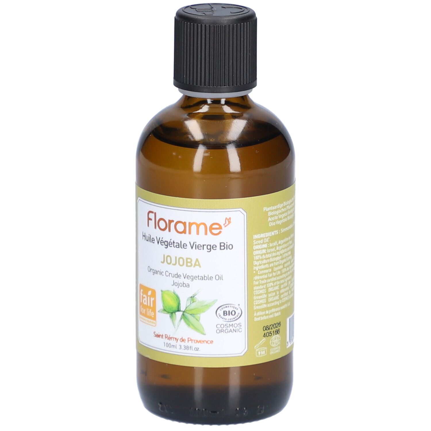 Flacon en verre brun avec bouchon noir. Étiquette avec texte: FLORAME, Jojoba, certification bio. Label Fair for Life.