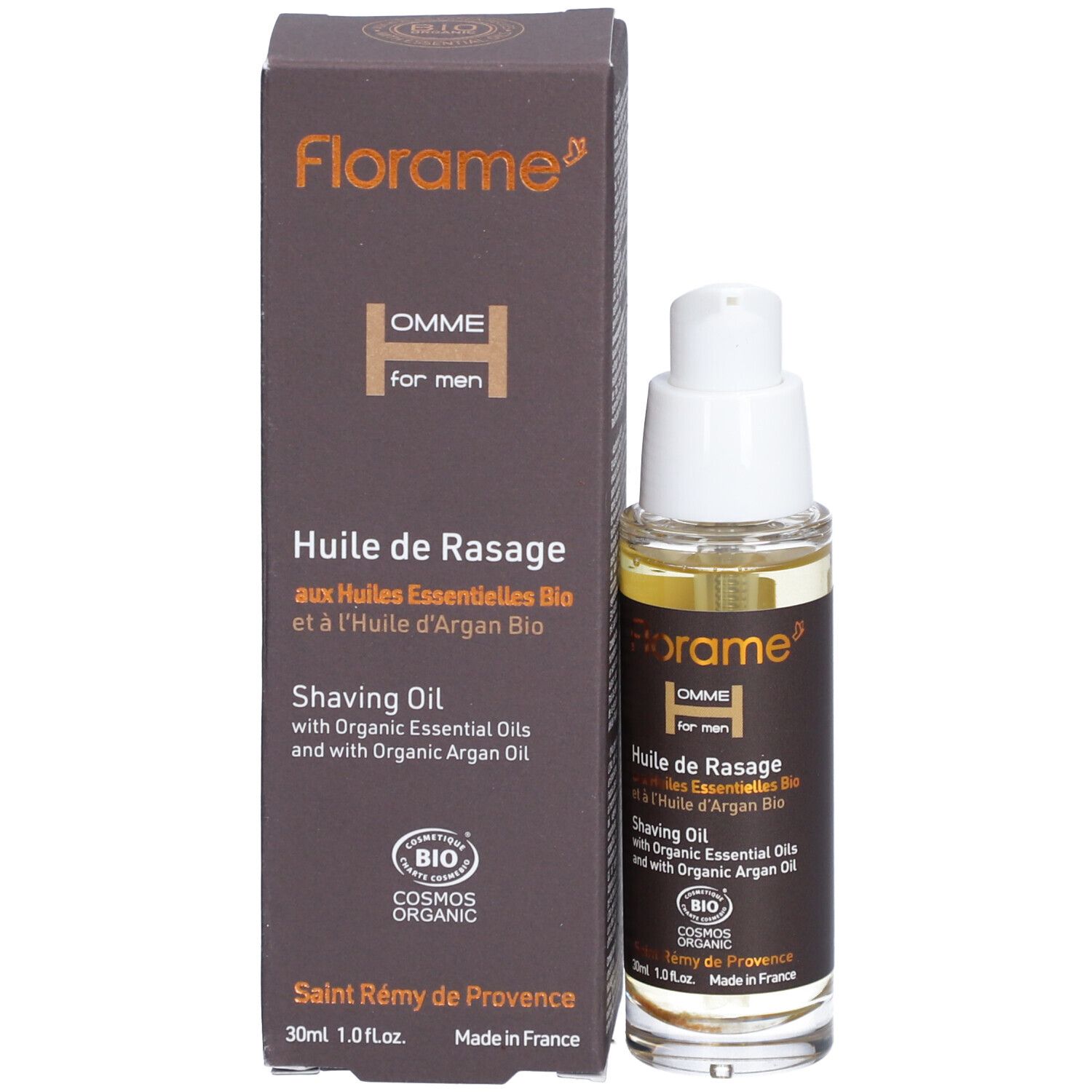 Rasieröl-Flasche und Verpackung. Braune Verpackung mit Text und Logo. Flasche mit weißem Pumpkopf.