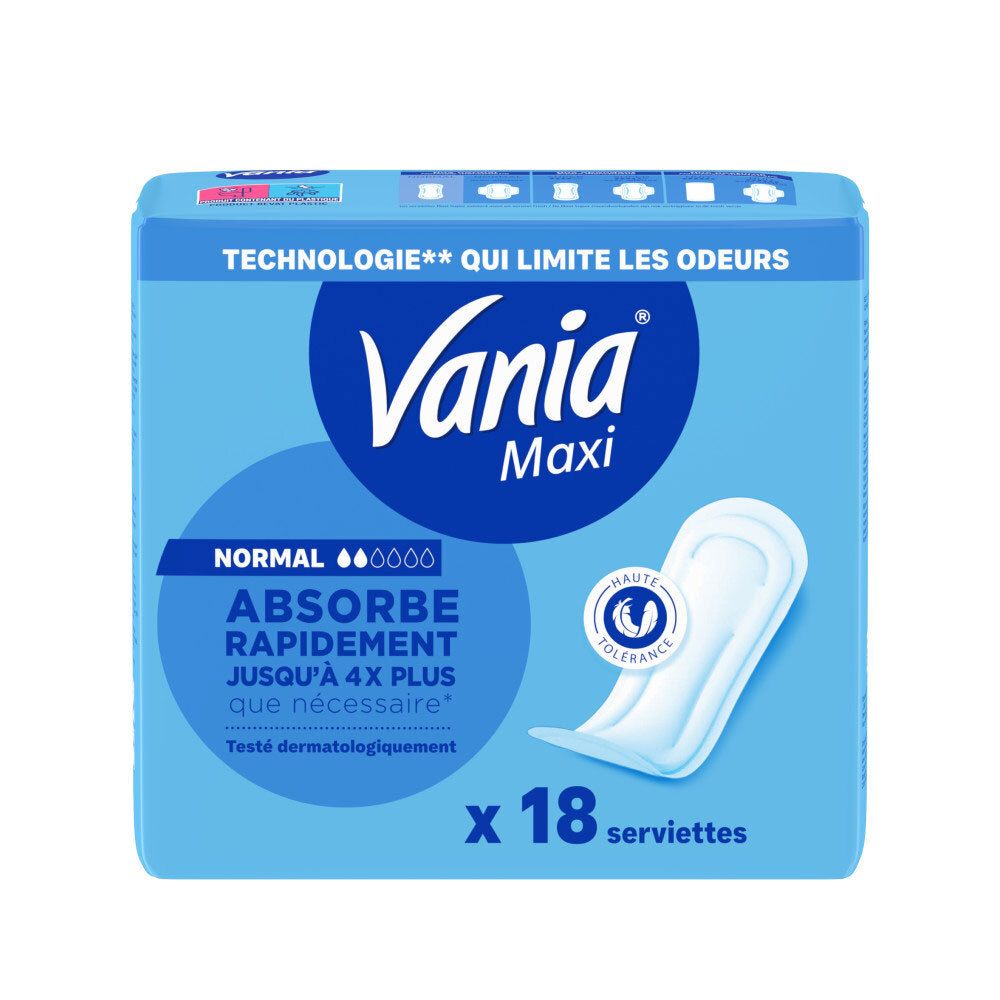 Vania Maxi Normal, 18 serviettes. Absorption rapide et technologie anti-odeurs.