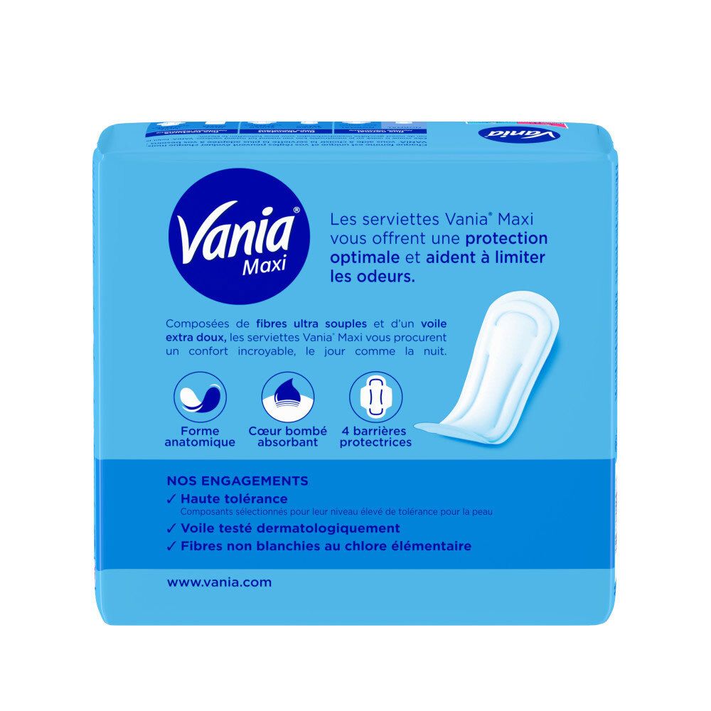 Dos Vania Maxi Normal: Forme anatomique, cœur absorbant, 4 barrières protectrices.