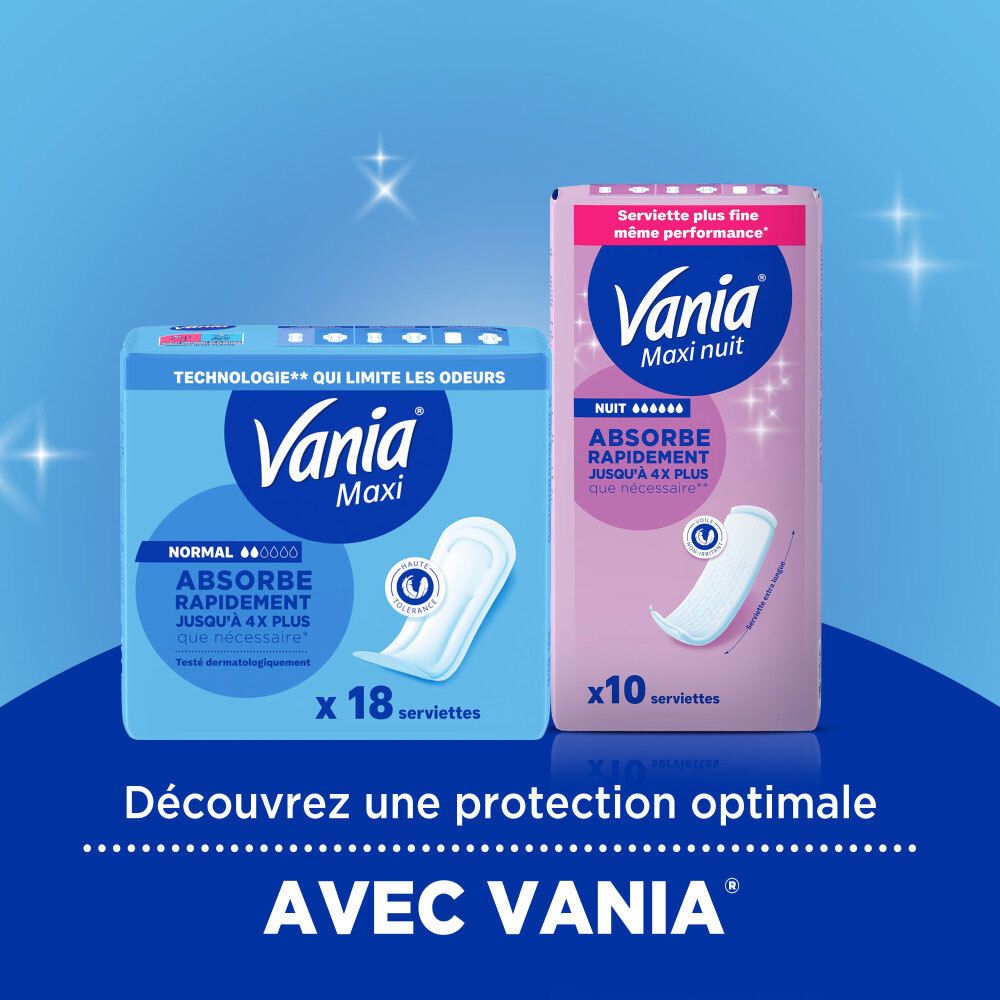 Produits Vania Maxi Normal (18) et Vania Maxi Nuit (10) côte à côte.