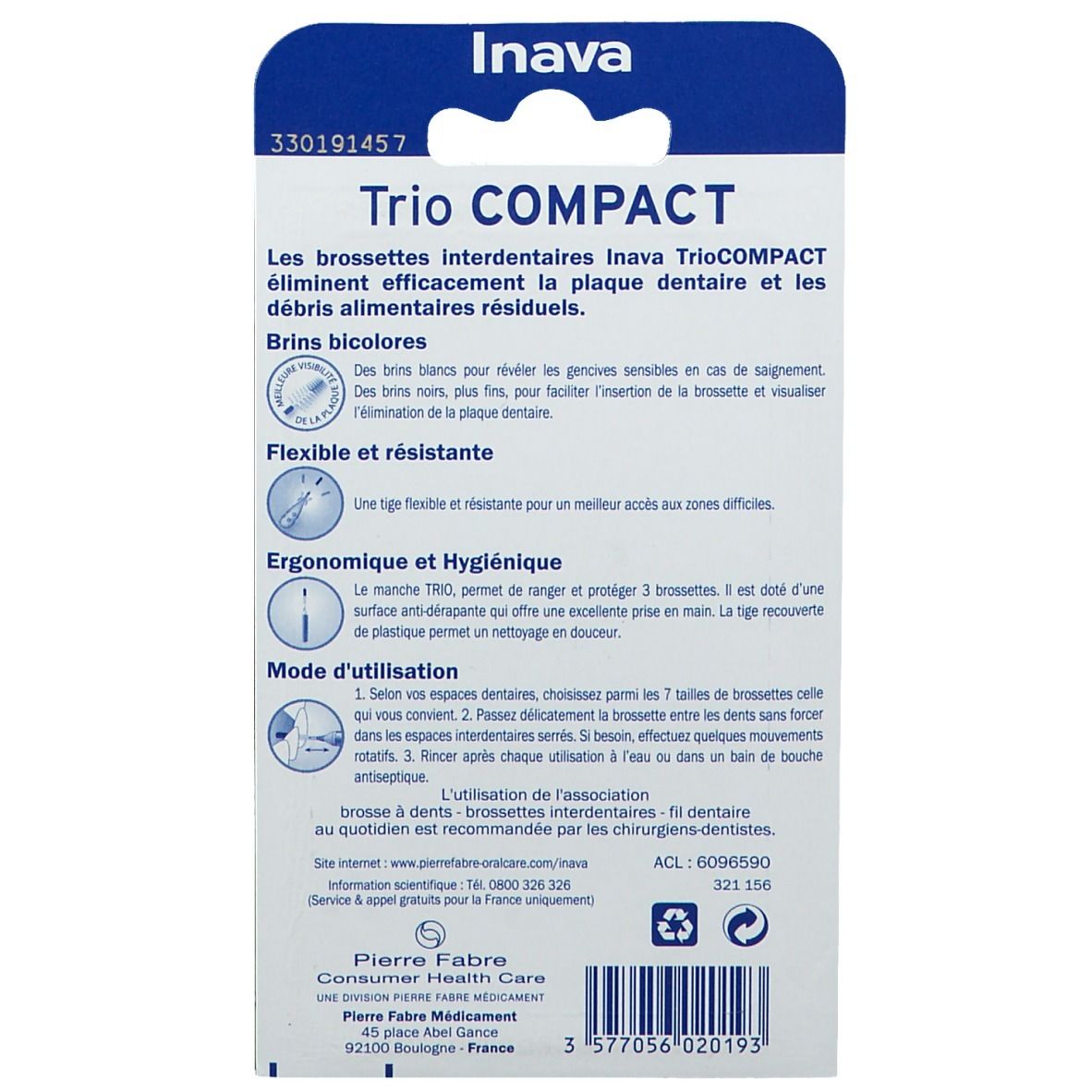 Rückseite der Verpackung. Text: Trio Compact, Beschreibung der Bürsten, Anwendungshinweise. Marke: Inava.