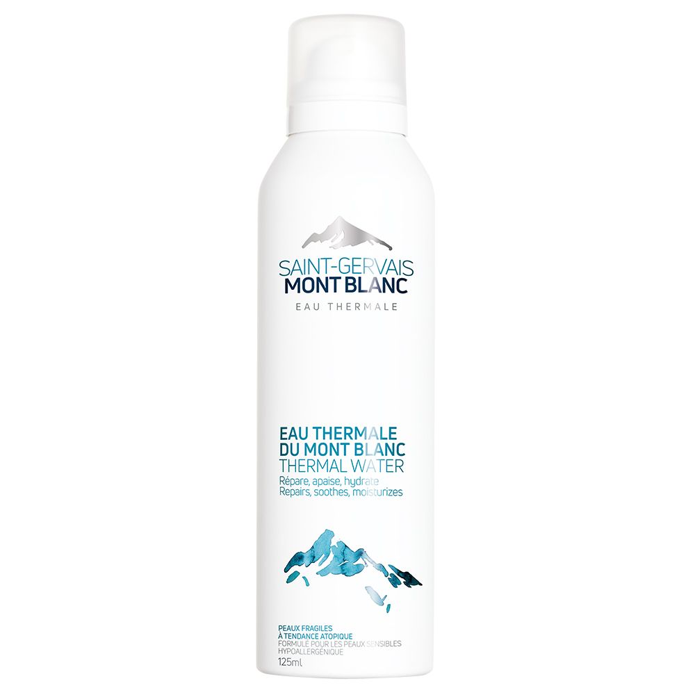 Weißes Spray mit SAINT-GERVAIS MONT BLANC Logo. Text: Eau Thermale du Mont Blanc Thermal Water. 125ml.