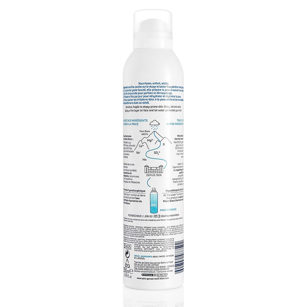 Weiße Sprühflasche mit blauer Beschriftung. Rückseite mit Diagramm und Text. Produktname: Saint Gervais MONT BLANC Thermalwasser.