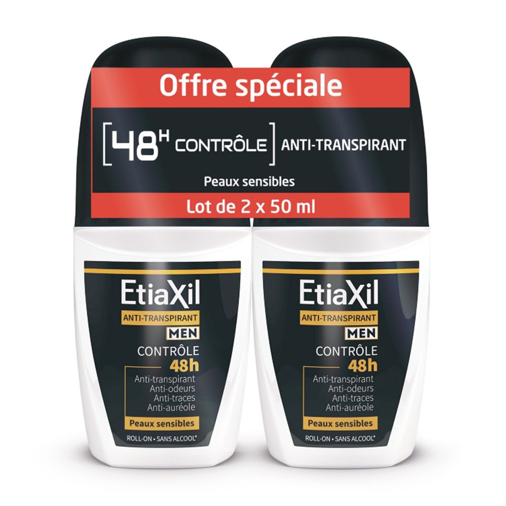 ETIAXIL - Déodorant Anti-transpirant - HOMME - Transpiration Modérée - Aisselles - Contrôle 48h - Roll-on - Lot de 2