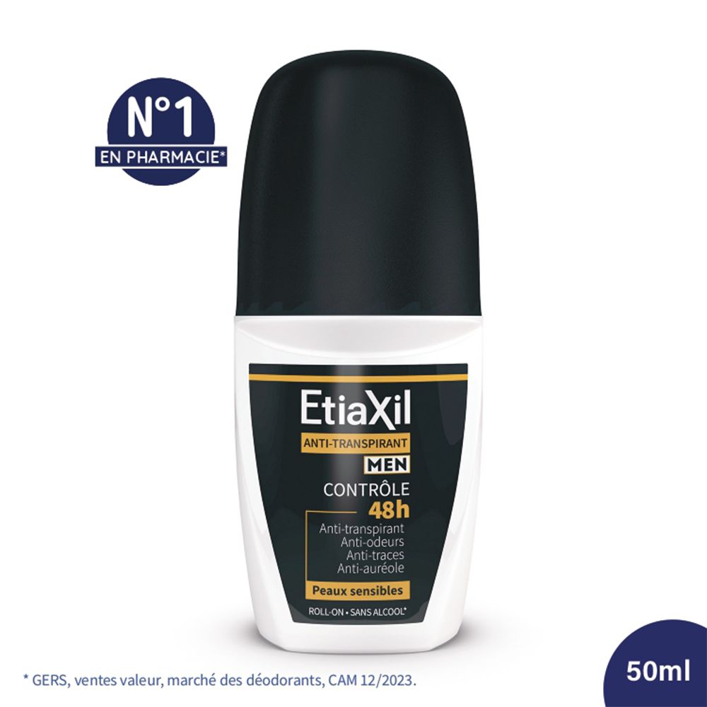 ETIAXIL - Déodorant Anti-transpirant - HOMME - Transpiration Modérée - Aisselles - Contrôle 48h - Roll-on - Lot de 2