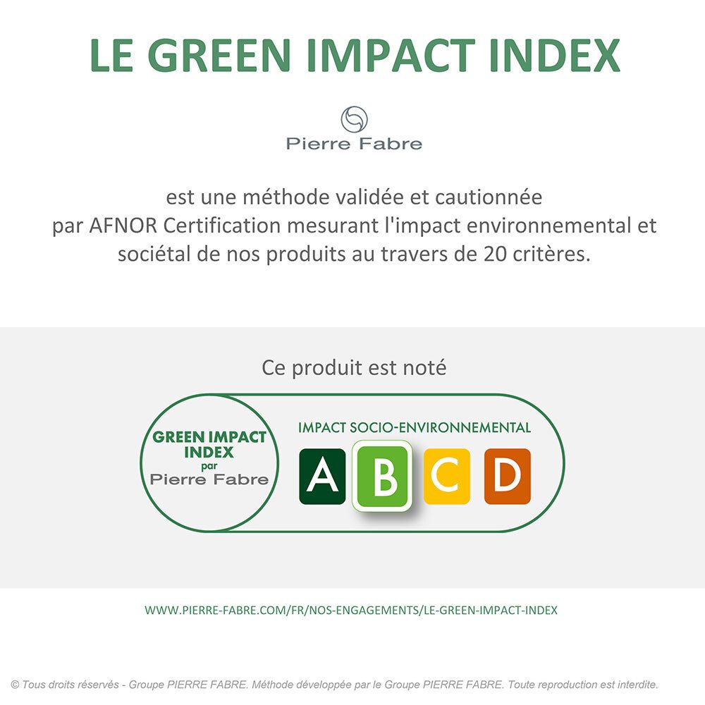 Infographie intitulée "LE GREEN IMPACT INDEX". Échelle d'évaluation de A à D. Texte en français.