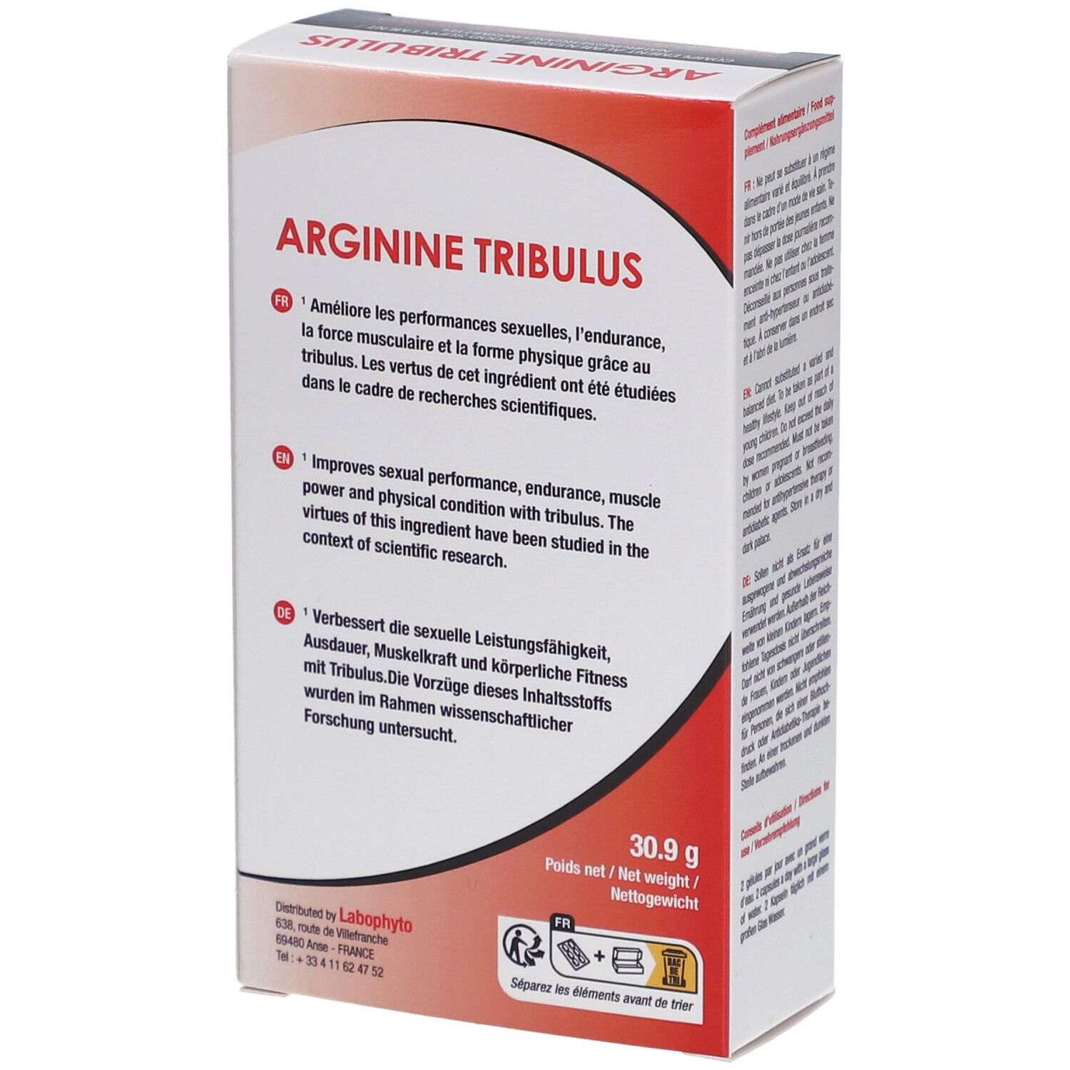 Dos de la boîte Arginine Tribulus. Texte en français, anglais et allemand. Poids net 30,9 g.