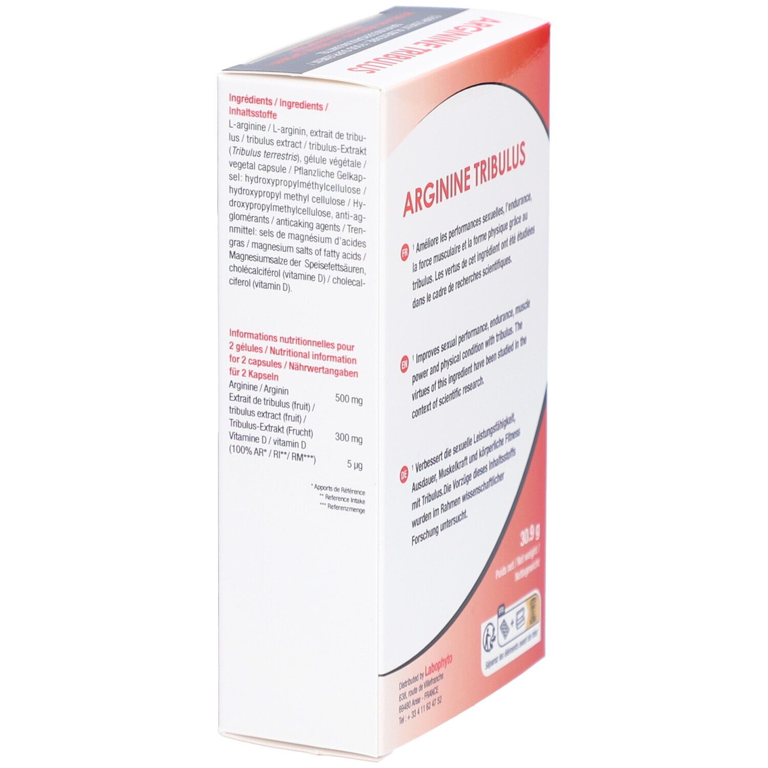 Vue latérale de la boîte Arginine Tribulus. Ingrédients et informations nutritionnelles. Logo LaboPhyto.