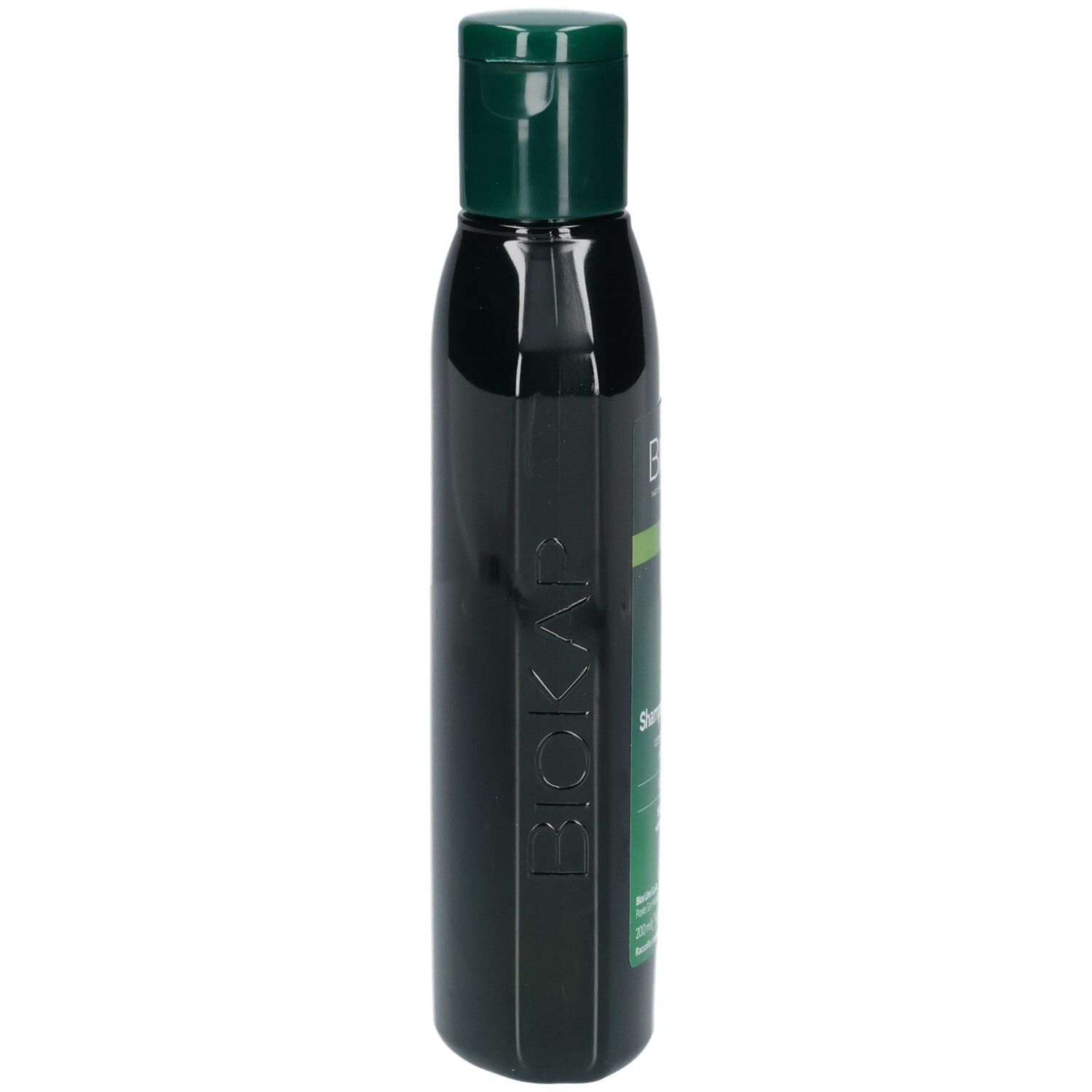 Grüne Shampoo-Flasche, Seitenansicht. Aufschrift BIOKAP. Grüner Deckel. Schlanke Form.