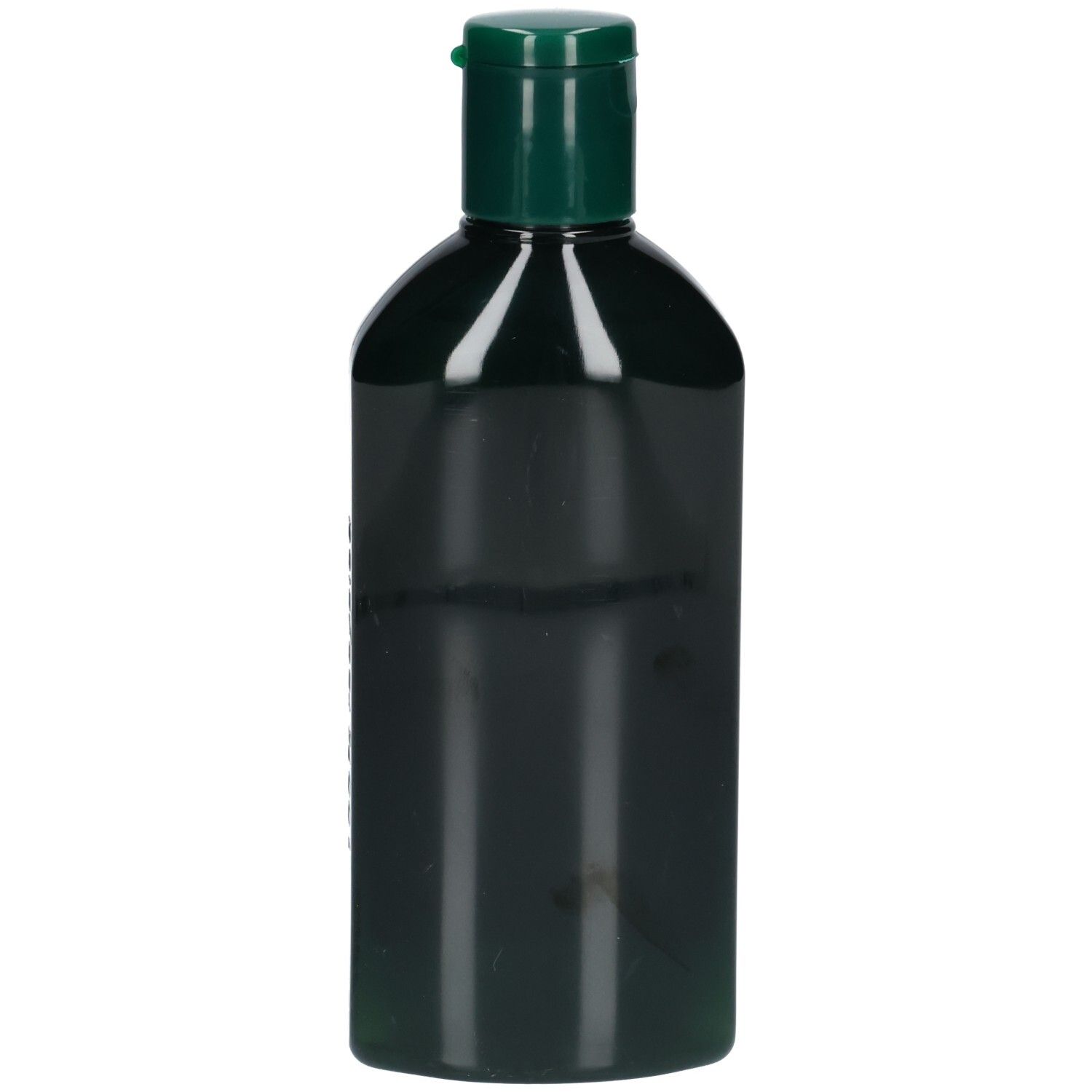 Grüne Shampoo-Flasche mit grünem Deckel. Oben abgerundet. Schwarzer Hintergrund.