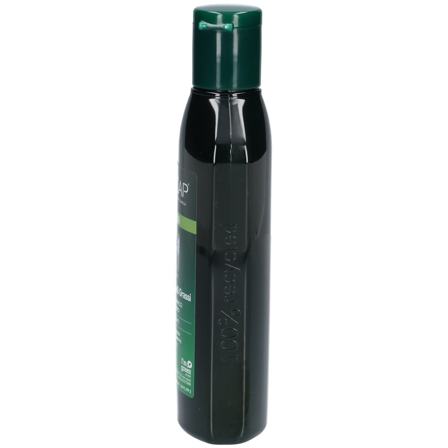 Grüne Shampoo-Flasche, Seitenansicht. Aufschrift BIOKAP und Produktinformationen. Grüner Deckel.